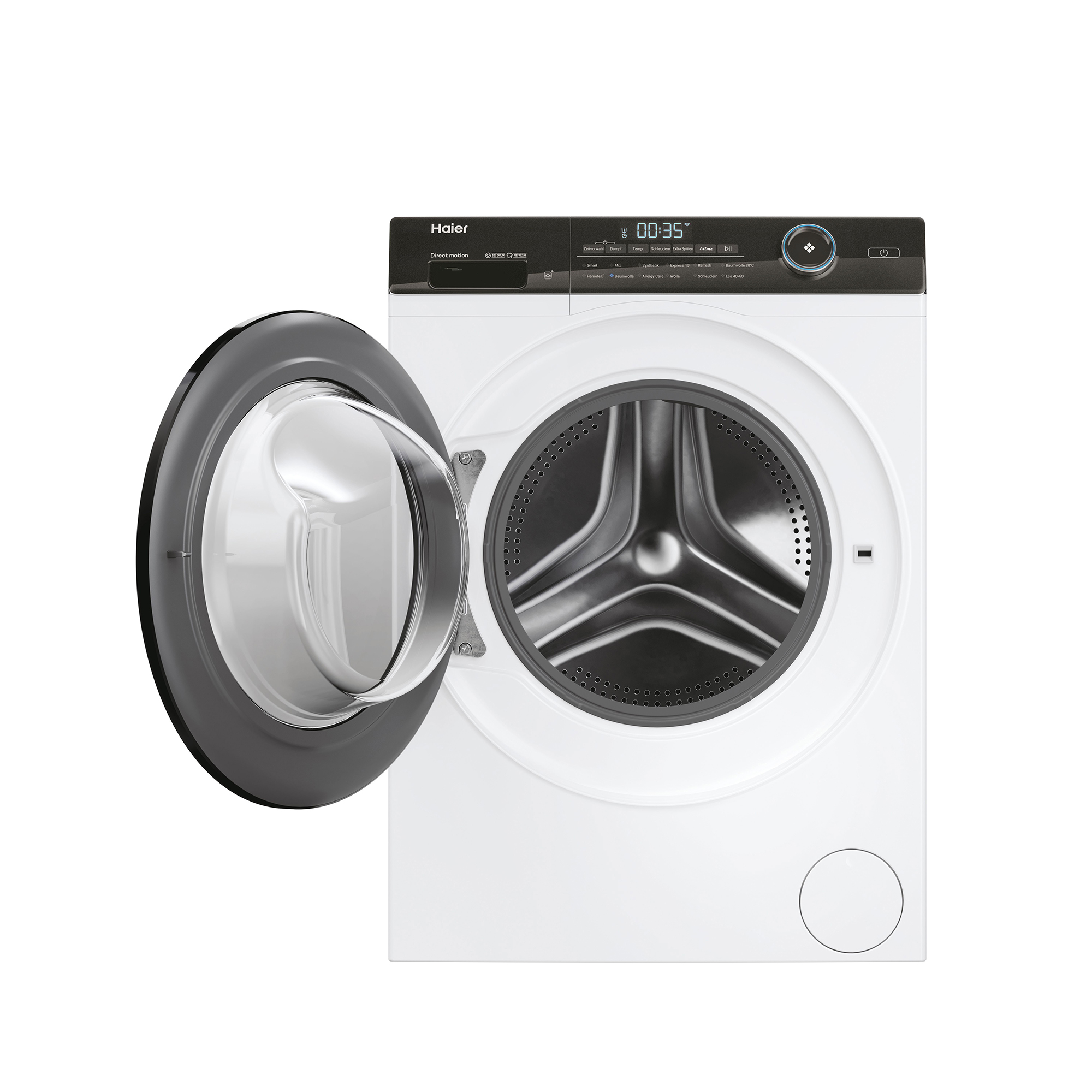 Eine weiße Haier Waschmaschine mit geöffneter Tür und silberner Trommel.