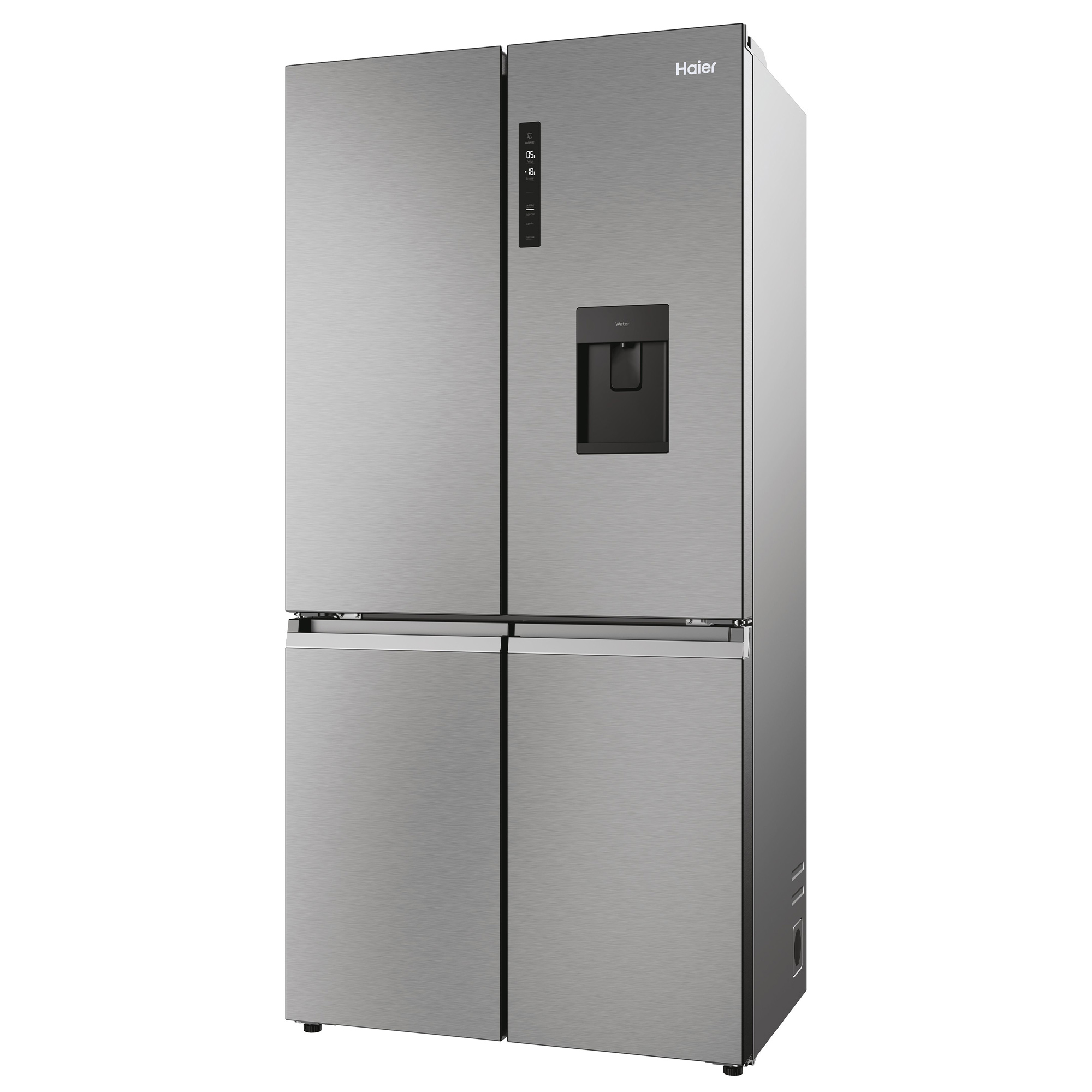 Frigorifero Haier argento a quattro porte con dispenser d'acqua.
