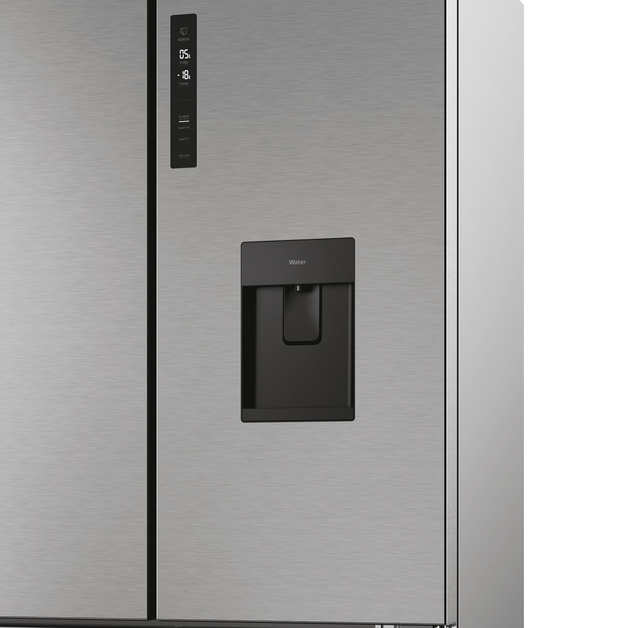 Un frigorifero argentato con dispenser d'acqua e display digitale.