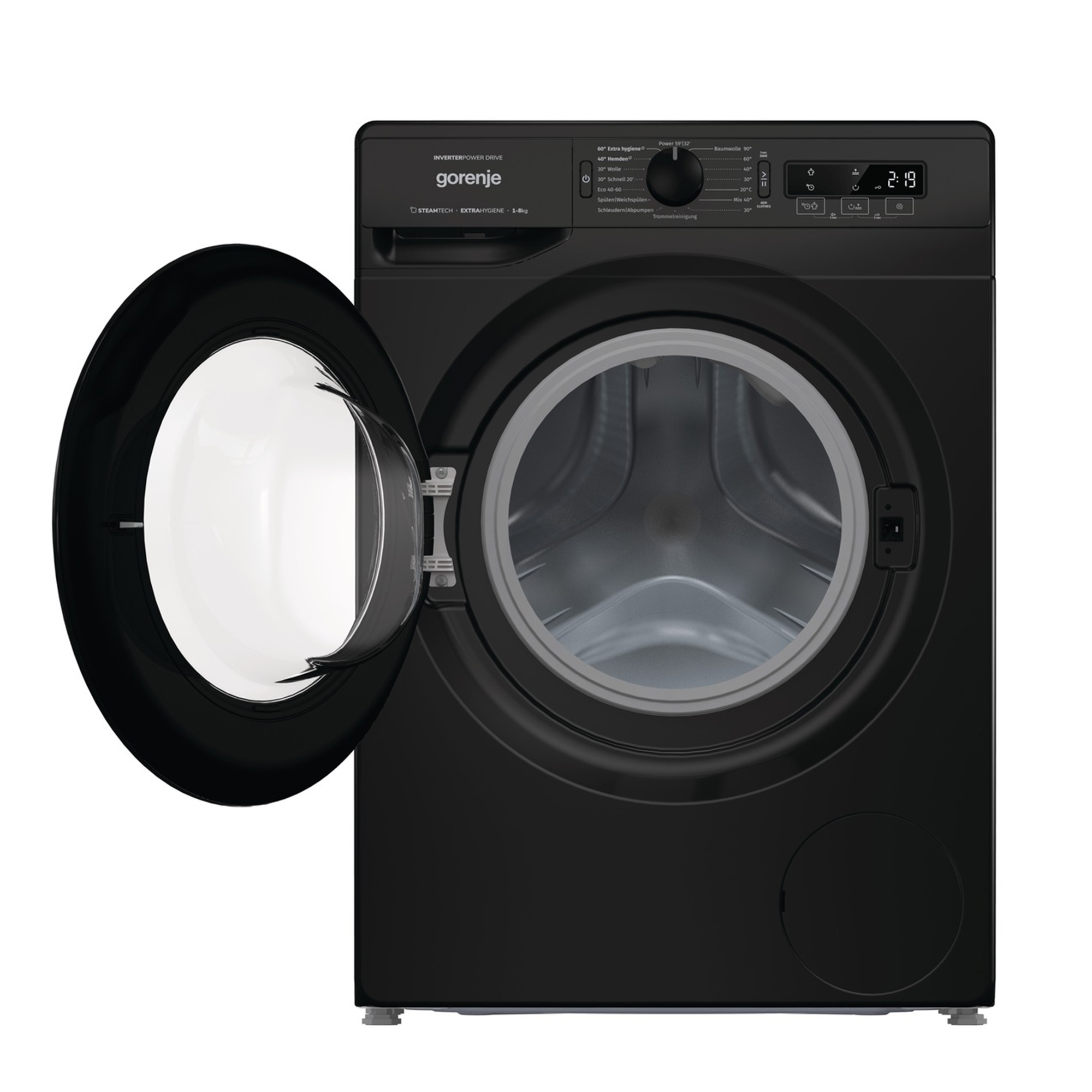 Schwarze Gorenje Waschmaschine mit offener Tür, Trommel sichtbar, digitale Anzeige.