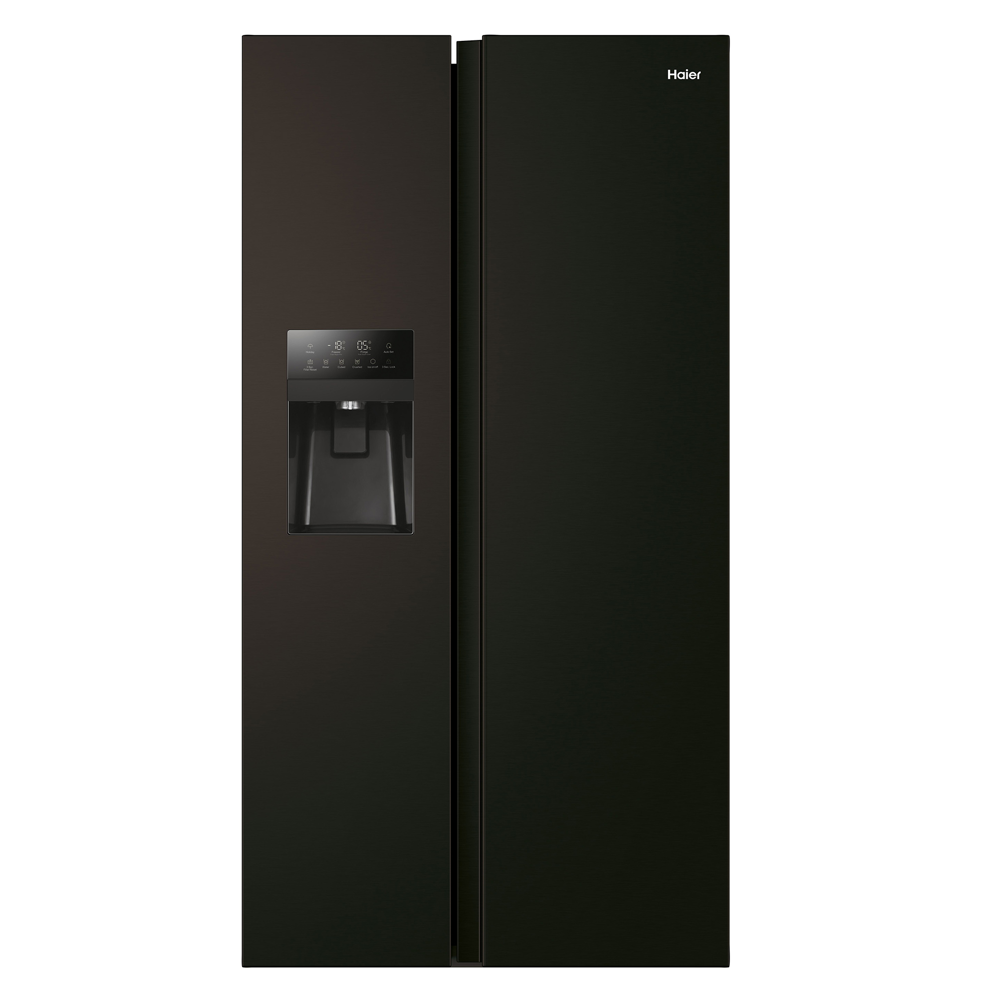 Frigorifero Haier nero con dispenser d'acqua e display digitale.