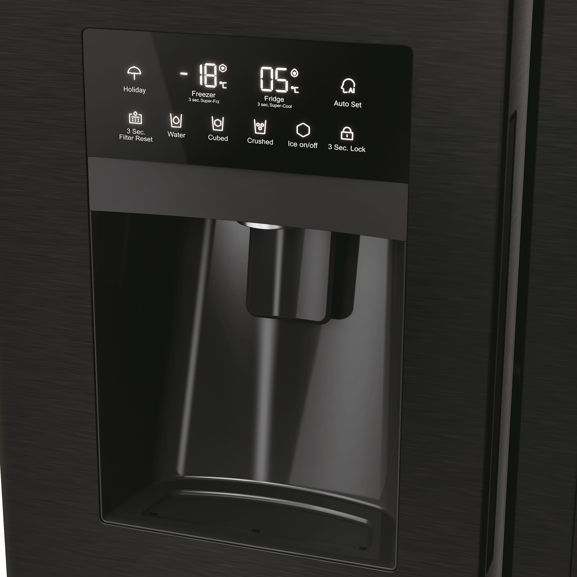 Un display nero per frigorifero con icone per vacanze, cubetti, ghiaccio tritato e reset filtro.