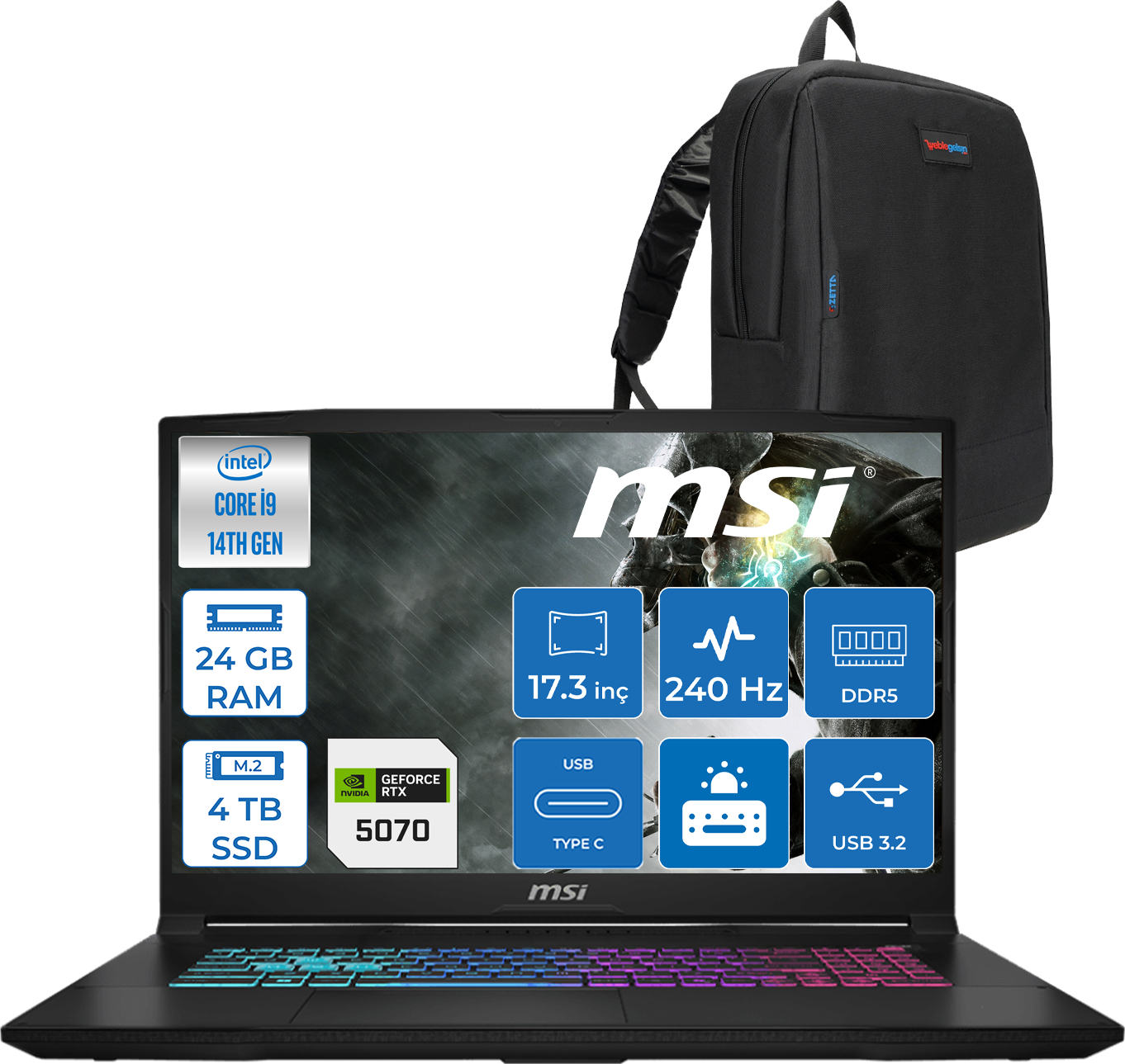 Intel Core i9, 24GB RAM, 4TB SSD, RTX 5070'li MSI dizüstü ve siyah sırt çantası.