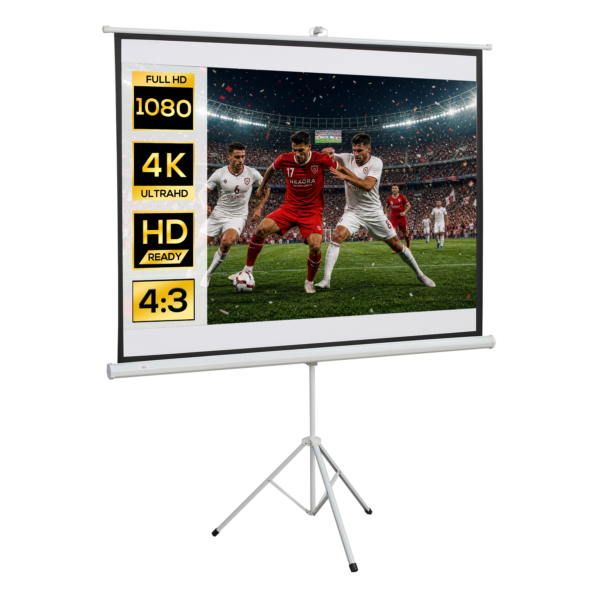 Schermo del proiettore mostra partita di calcio con specifiche Full HD, 4K, HD Ready, 4:3.