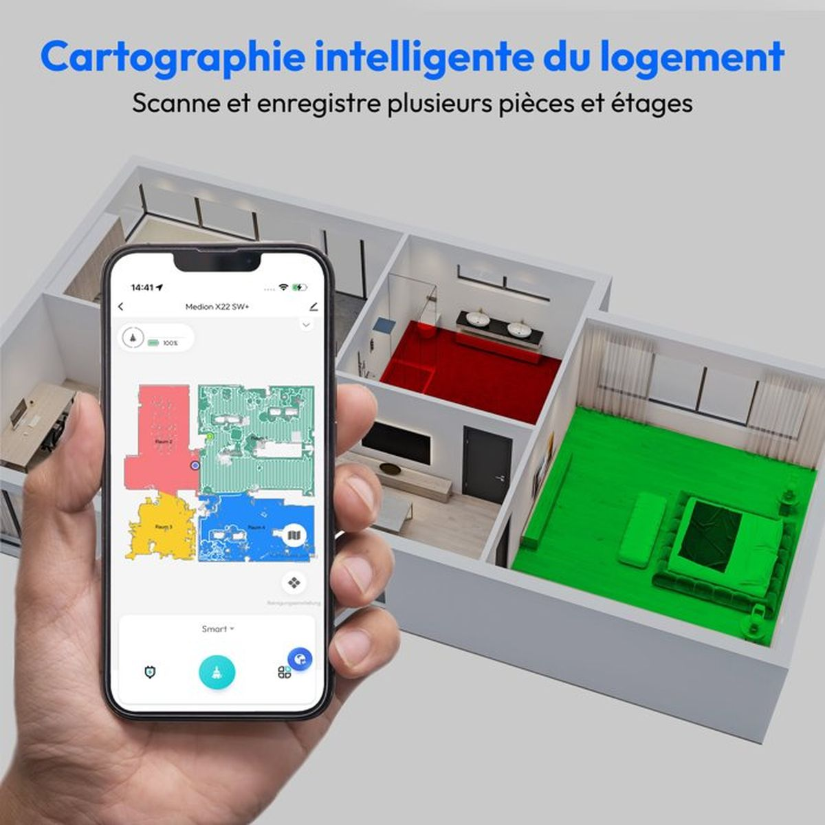 Eine Hand hält ein Smartphone mit einer Grundrisskarte. Ein 3D-Hausmodell zeigt Räume in Rot, Grün und Blau.