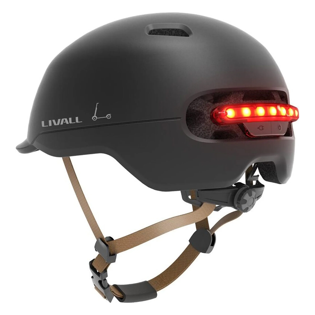 Schwarzer Livall-Helm mit aktiver roter LED-Lichtleiste hinten.