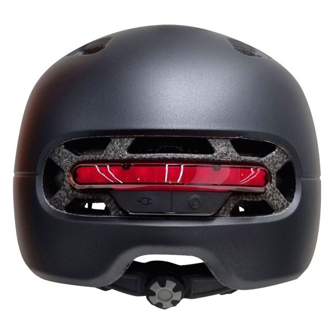 Schwarzer Fahrradhelm mit integriertem roten Rücklicht und Verstellrad.