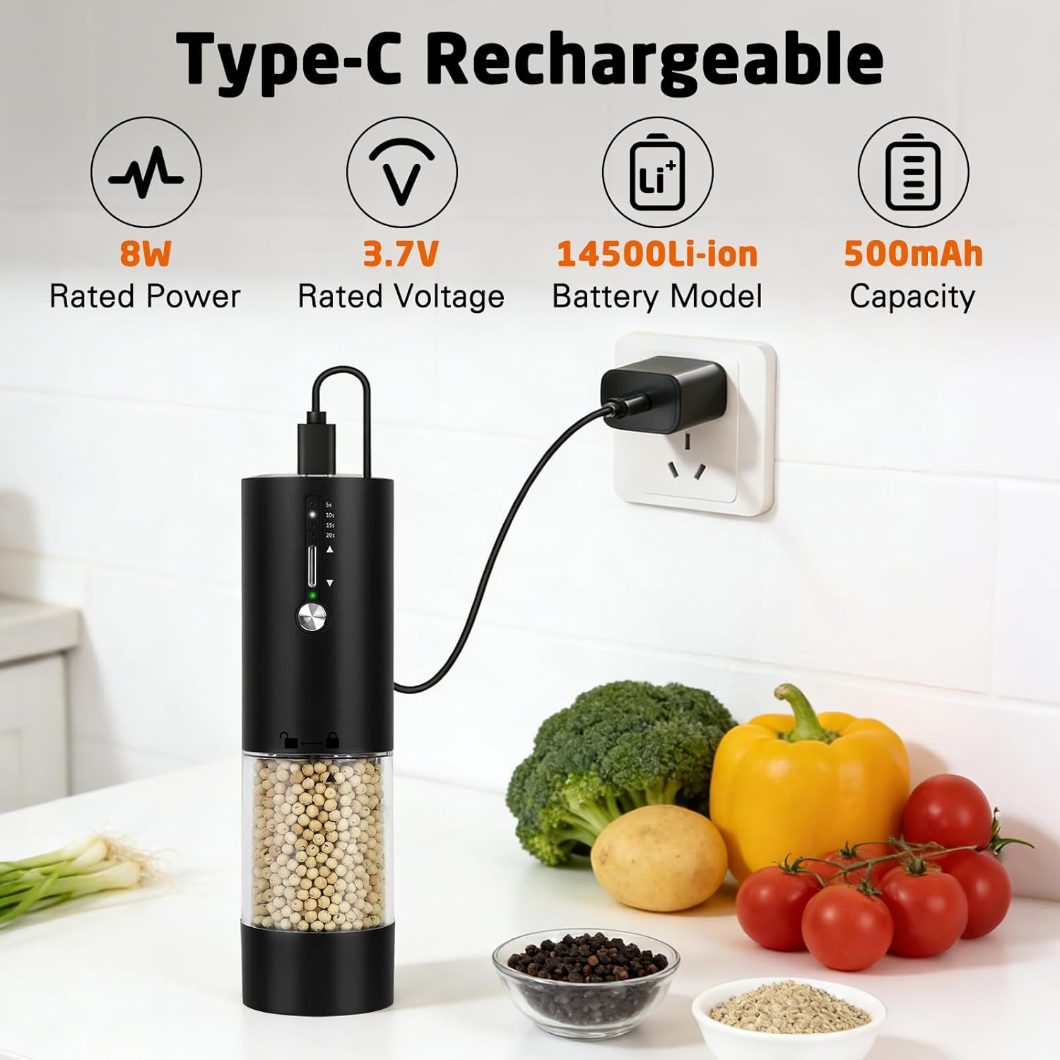 Schwarze elektrische Pfeffermühle, Typ-C wiederaufladbar, mit Zutaten und Ladegerät.