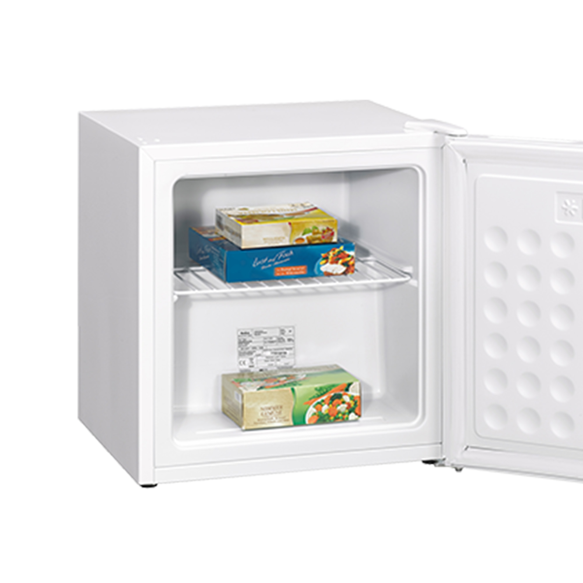 Ein weißer Mini-Kühlschrank mit geöffneter Tür, gefüllt mit gefrorenen Lebensmitteln.