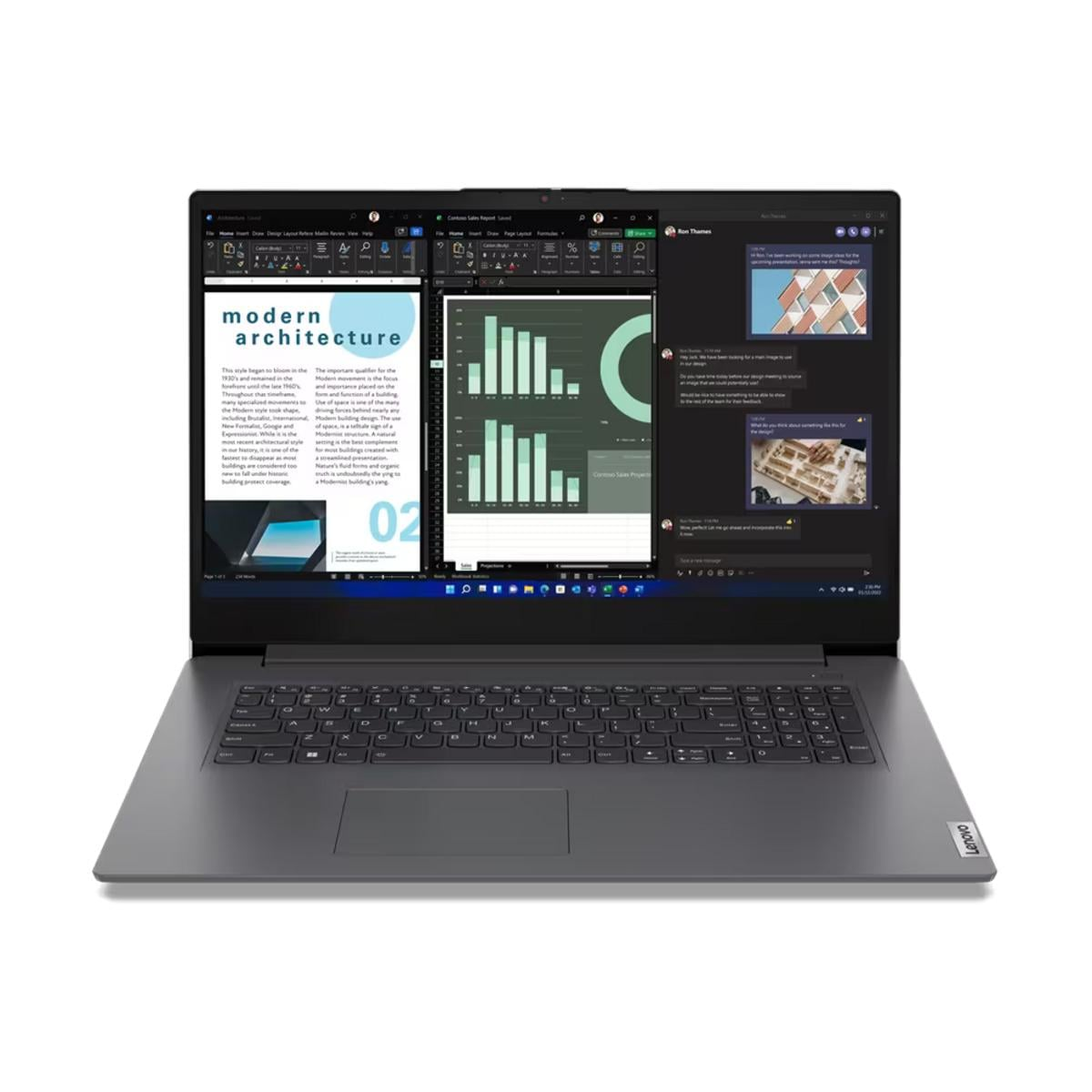 Ein dunkelgraues Lenovo-Laptop zeigt ein Dokument zu moderner Architektur und Diagrammen.
