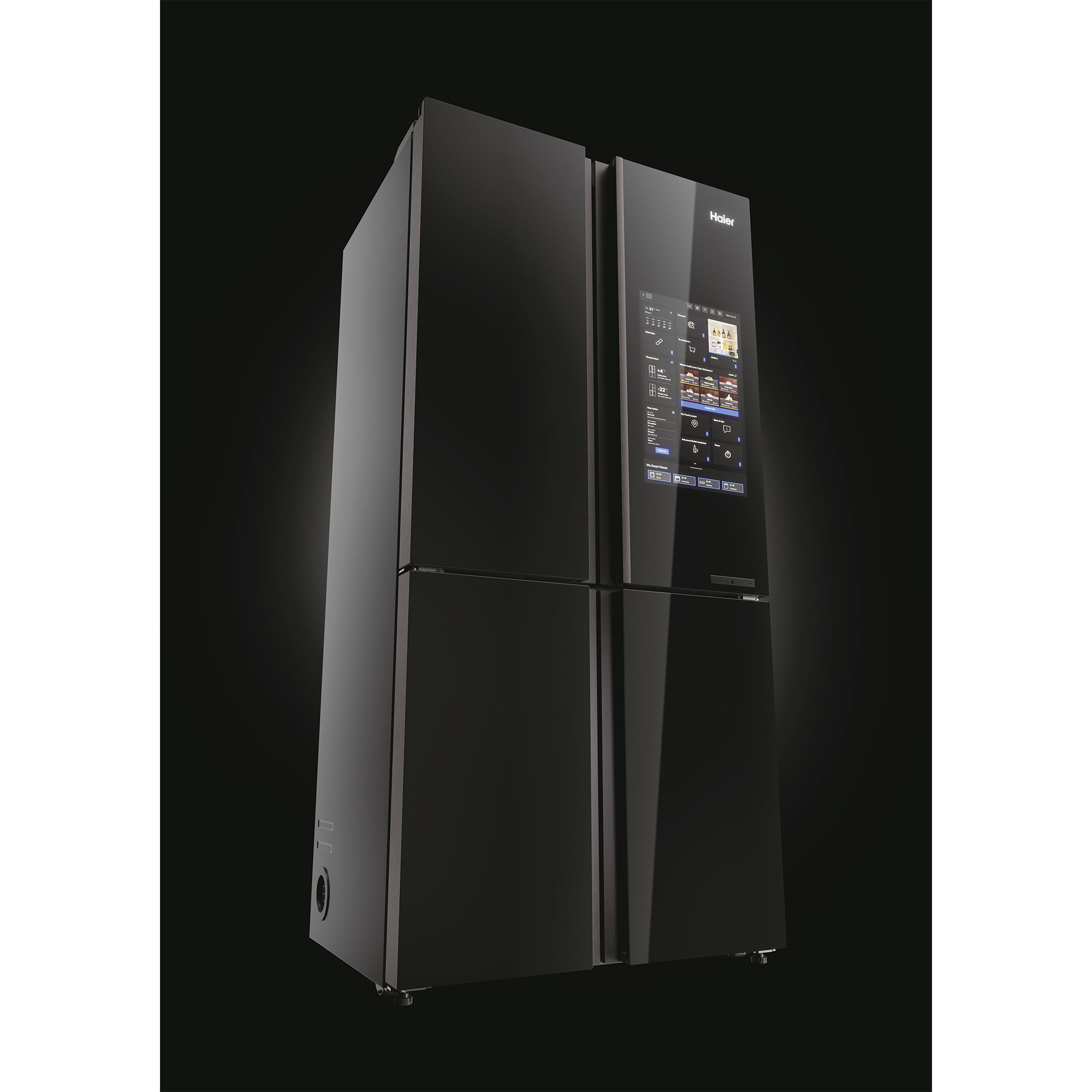 Frigorifero Haier nero con display touchscreen, quattro porte, su sfondo nero.