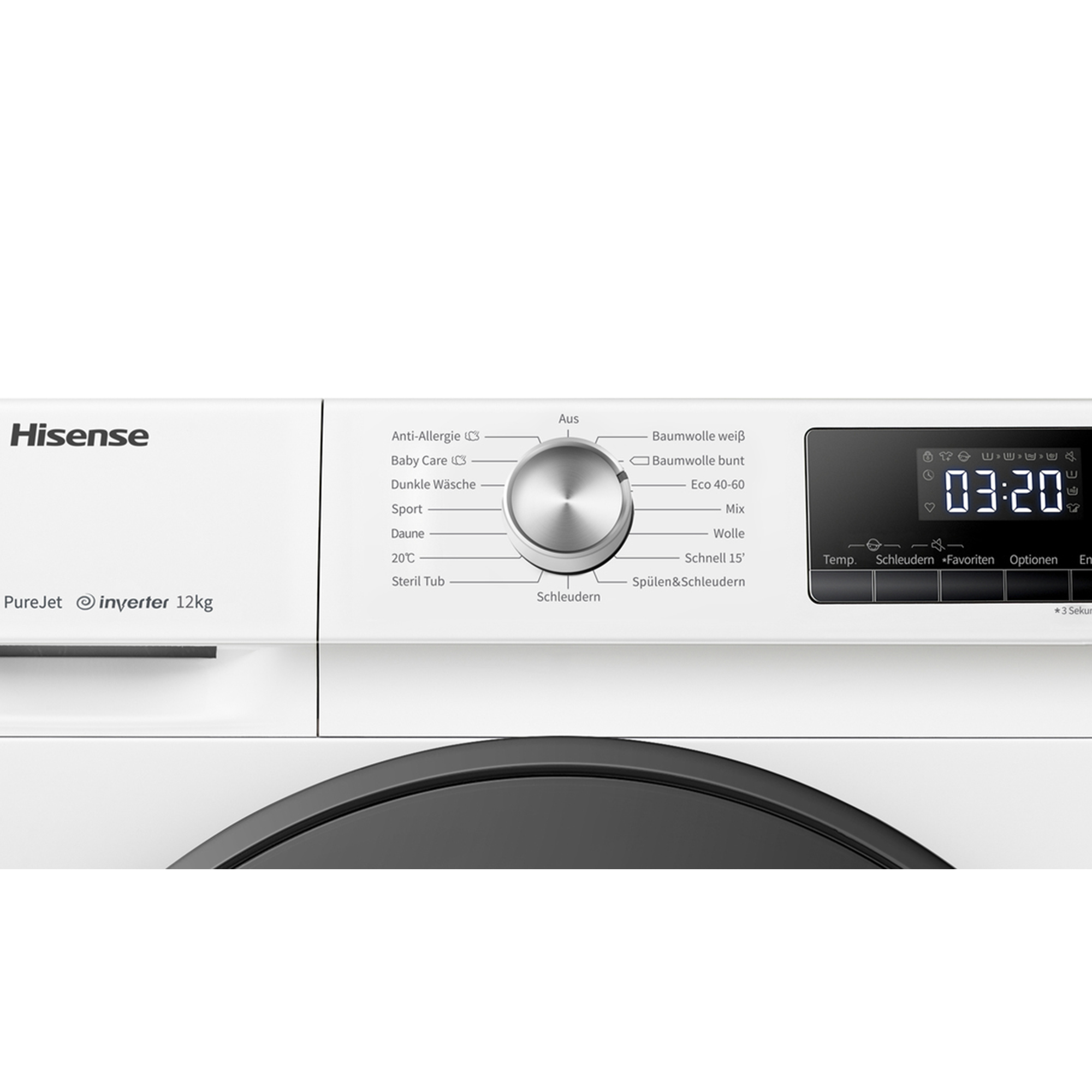 Eine weiße Hisense Waschmaschine mit Bedienfeld und digitaler Anzeige.