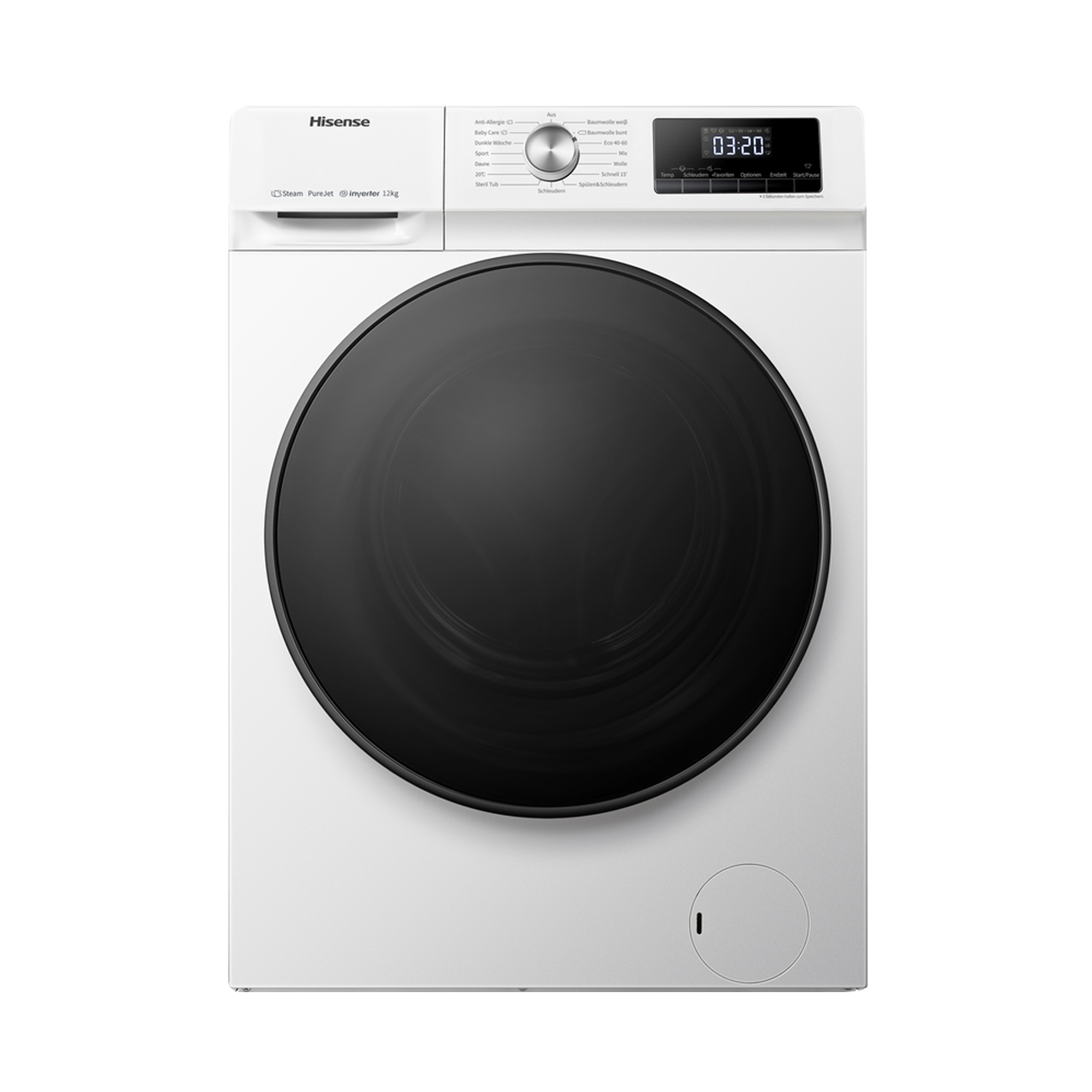Eine weiße Hisense Waschmaschine mit schwarzer Tür und digitalem Display.
