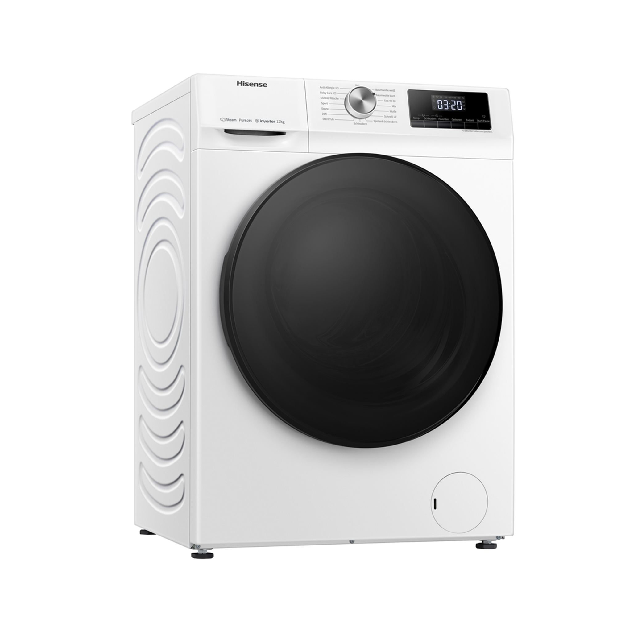 Weiße Hisense Waschmaschine mit schwarzer Tür und Bedienfeld.