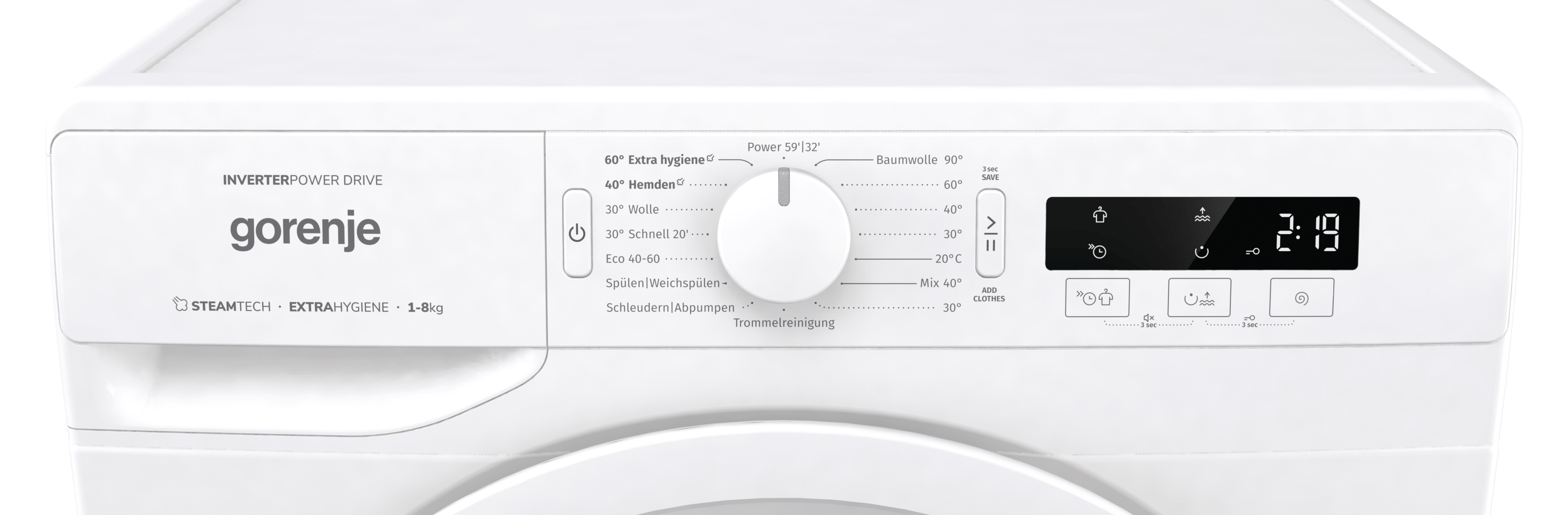 Ein weißes Gorenje Waschmaschinen-Bedienfeld mit Drehrad, Display und Tasten.