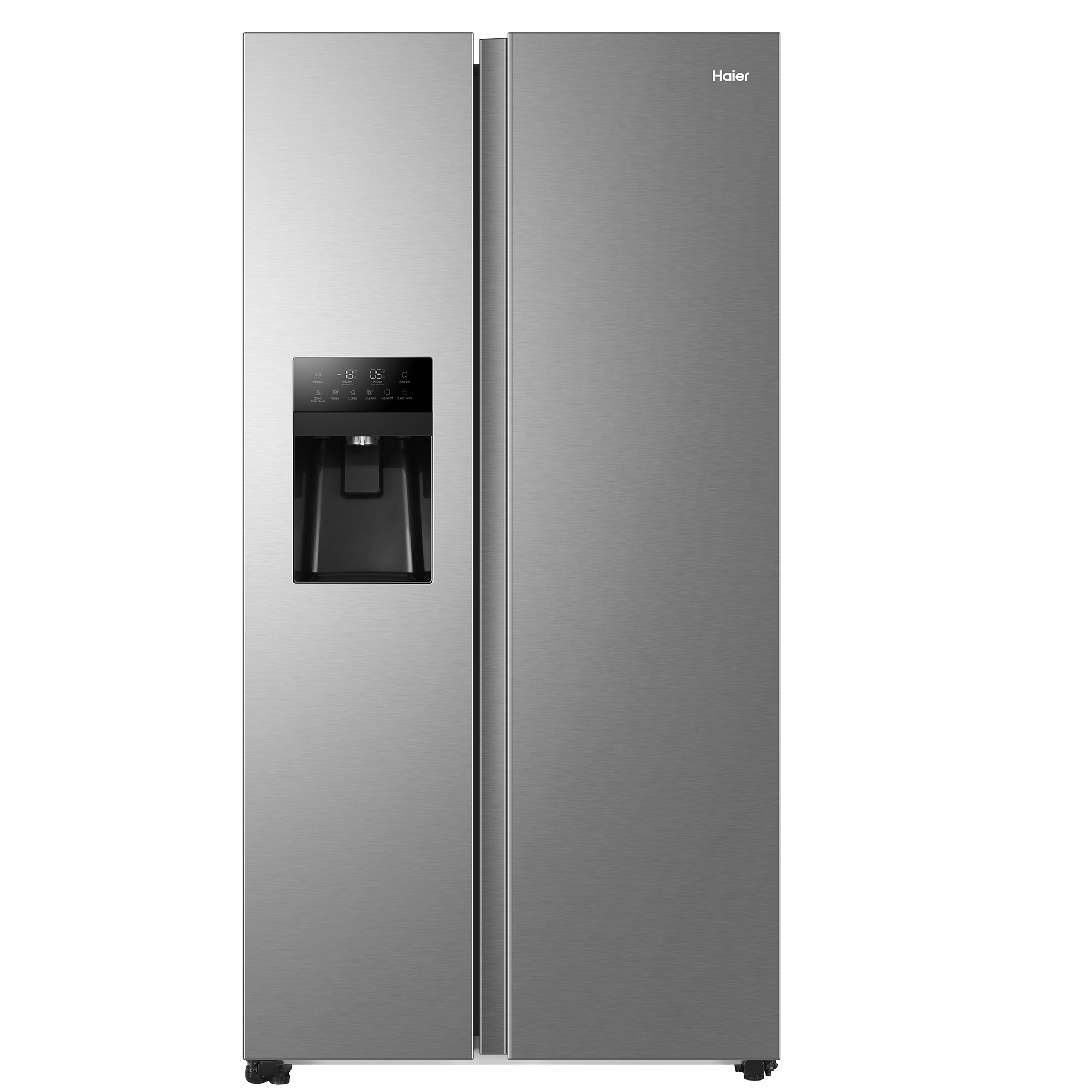 Un refrigerador plateado Haier de dos puertas con dispensador de agua.