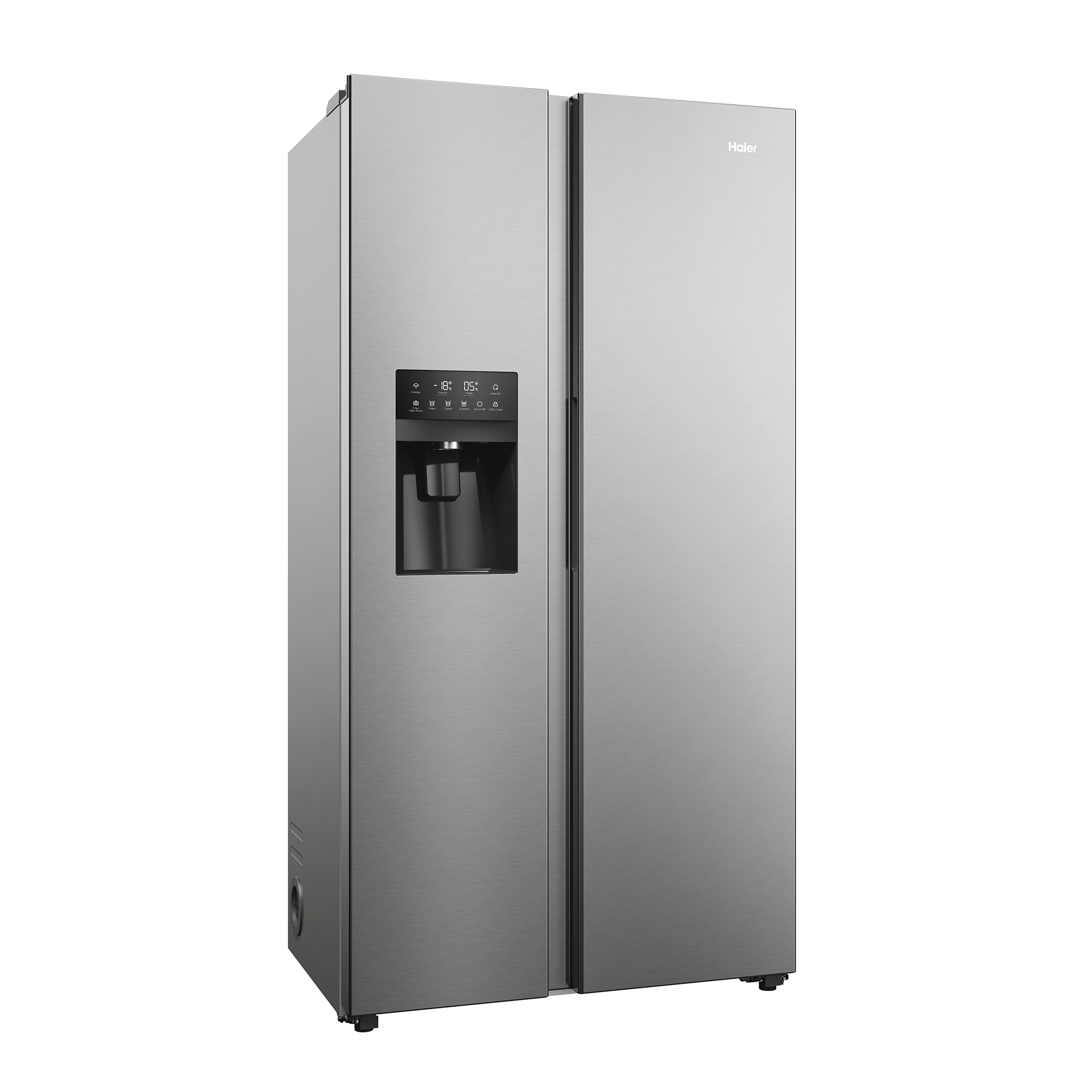 Un frigorífico Haier side-by-side plateado con dispensador de agua y panel de control.