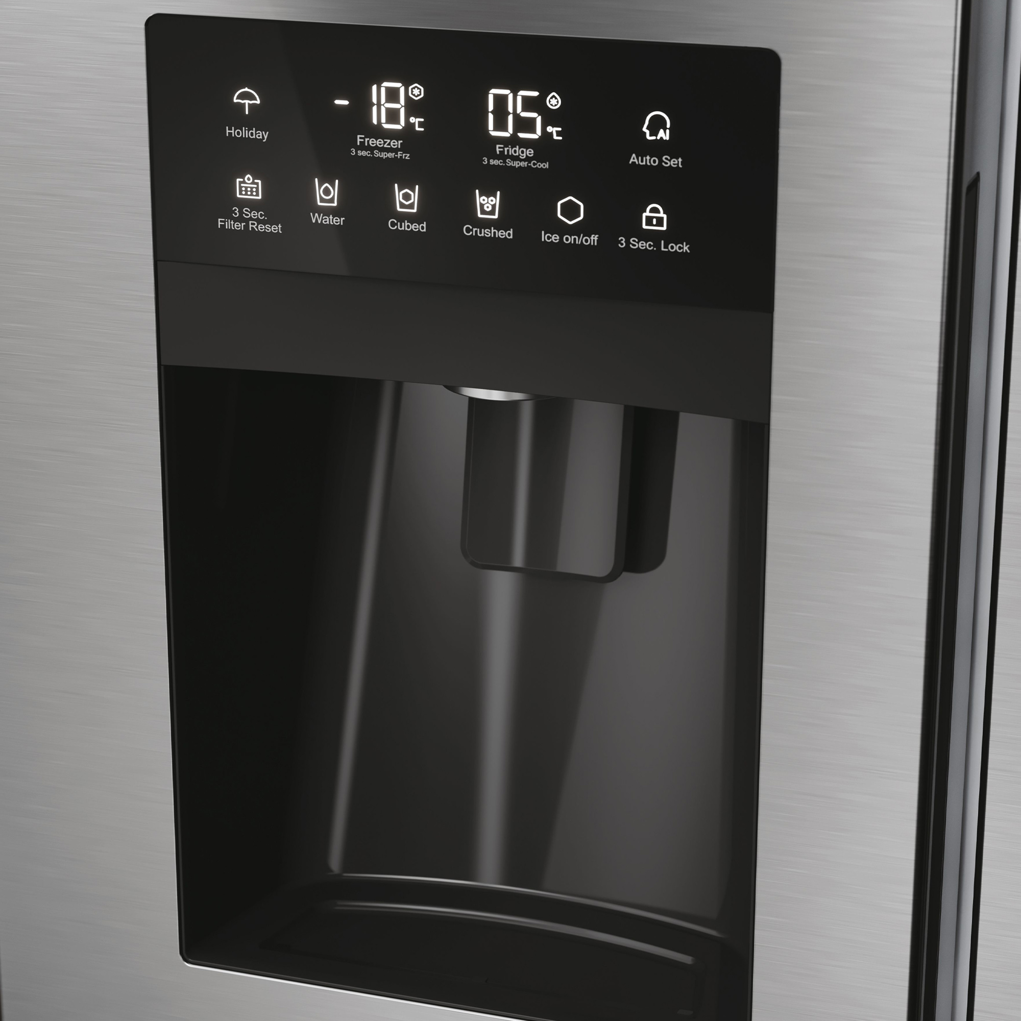 Puerta de refrigerador de acero inoxidable con pantalla digital y dispensador de agua.