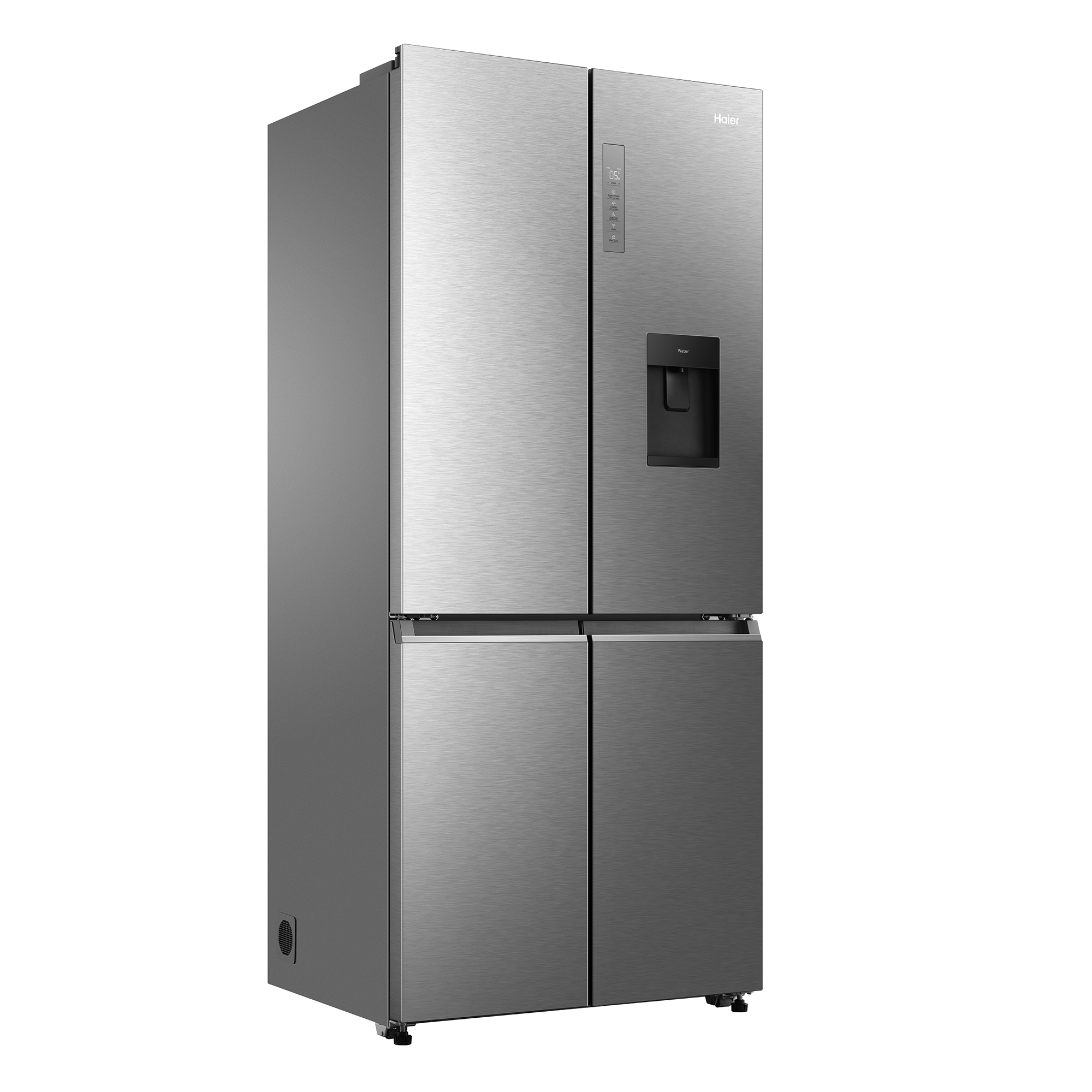 Ein silberner Haier Kühlschrank mit vier Türen und Wasserspender.