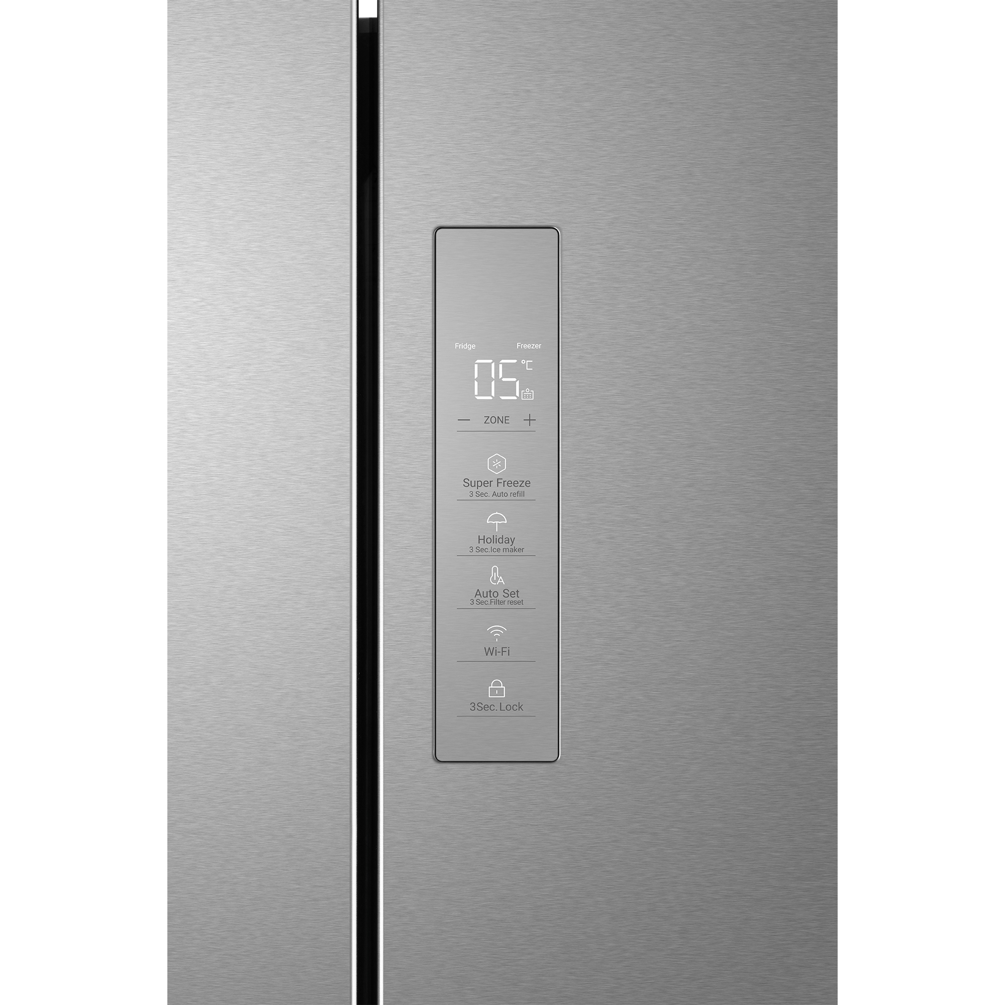 Kühlschrank-Bedienfeld mit Temperaturanzeige und Funktionen.