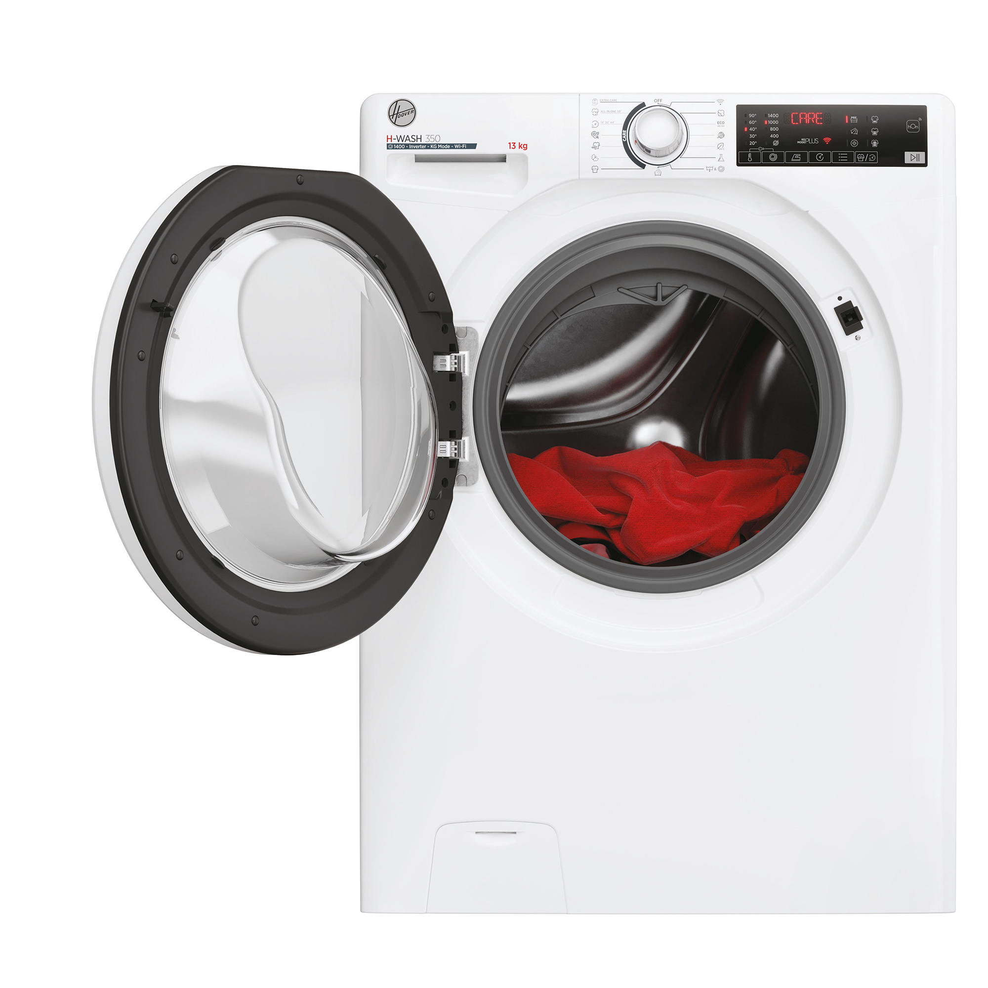 Weiße Waschmaschine mit geöffneter Tür, rote Kleidung im Inneren.
