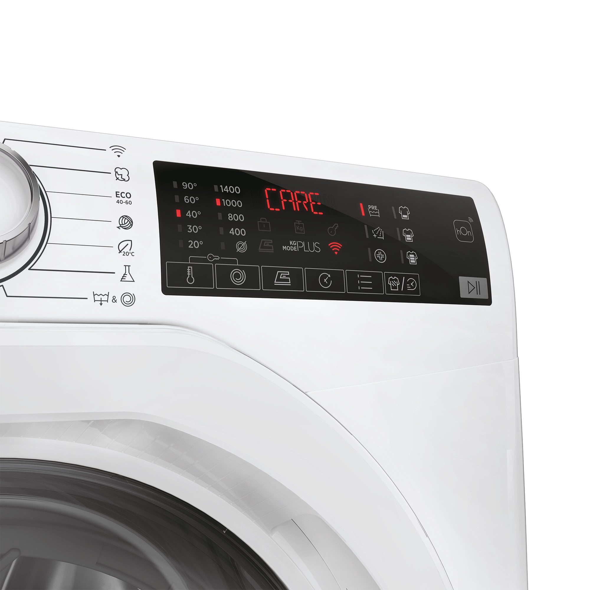 Bedienfeld einer Waschmaschine mit Display, das 'CARE' anzeigt.