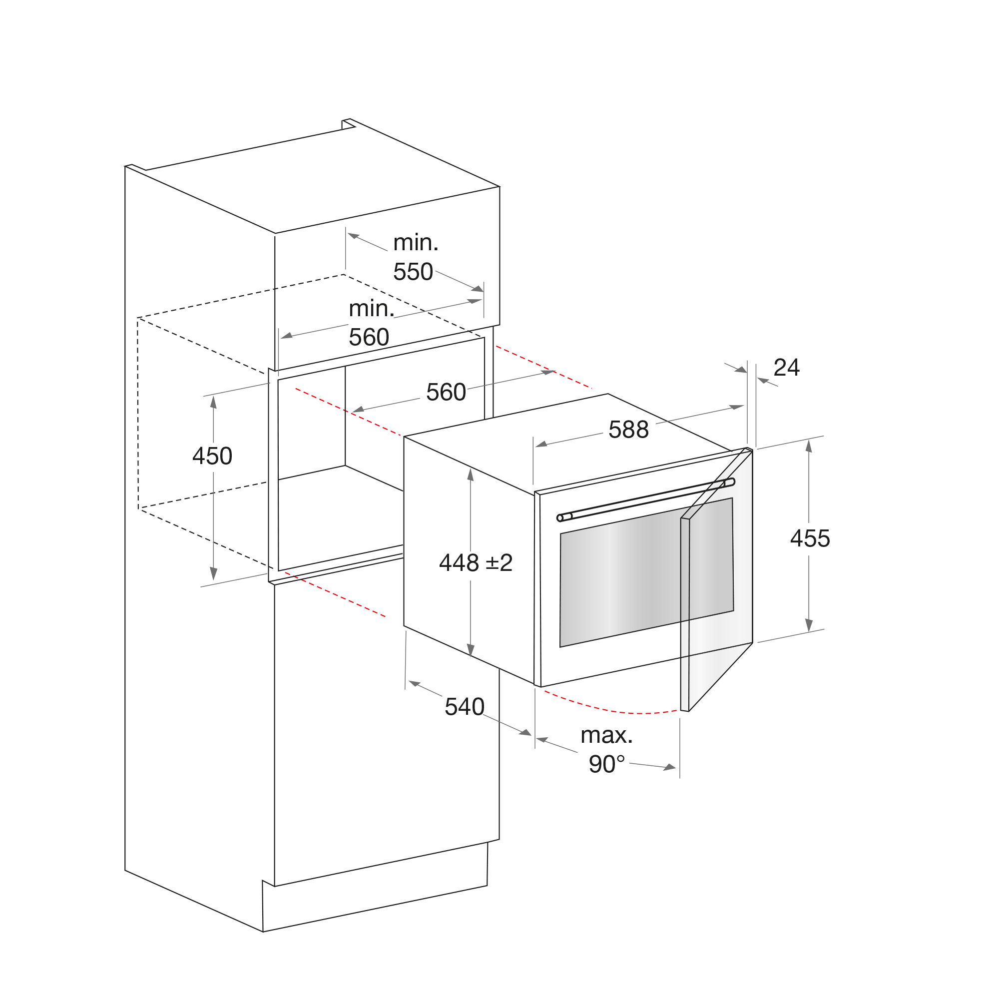 Disegno tecnico di un forno da incasso con dimensioni e guida all'installazione.