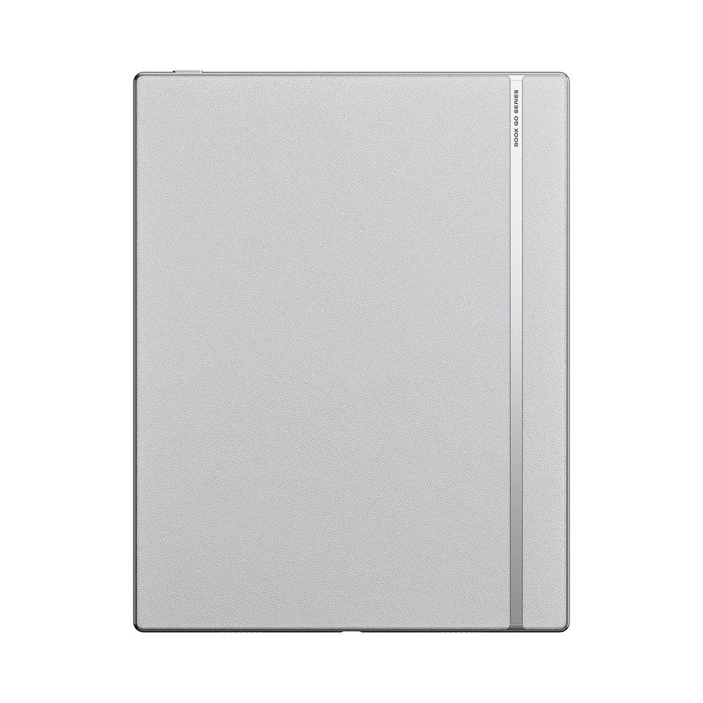 Una cubierta gris para libro o tableta con una tira plateada y texto que dice "BOOX GO SERIES".