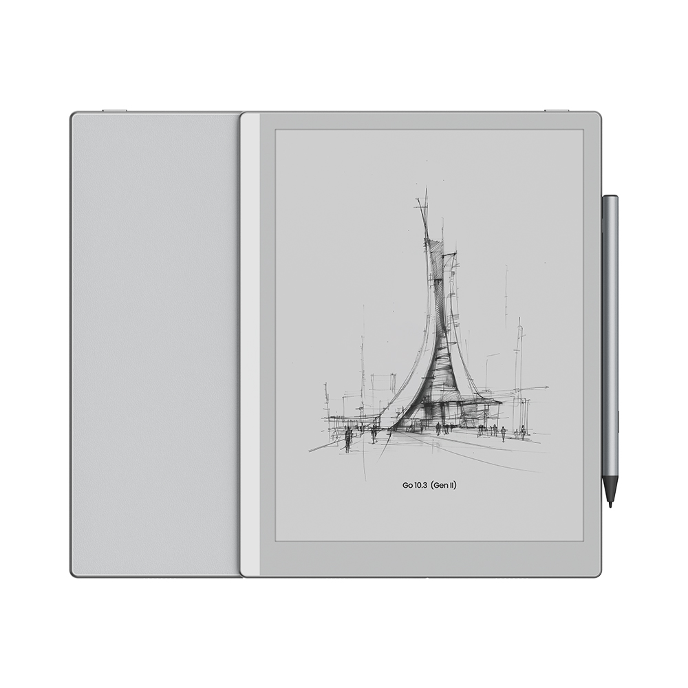 Una tableta gris con un lápiz óptico muestra un boceto arquitectónico de una estructura imponente.