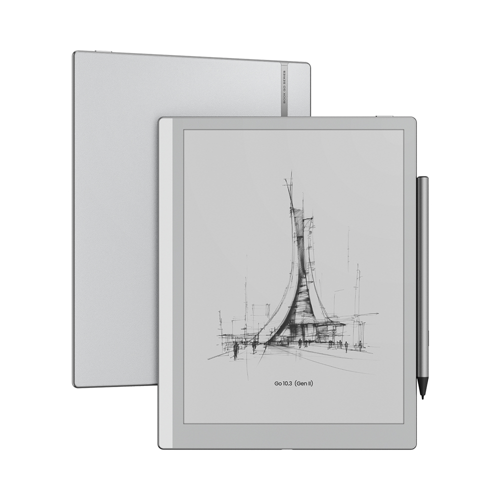 Un lector de libros electrónicos plateado con lápiz. Un boceto de edificio en pantalla.