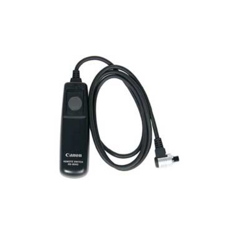 Zwarte Canon afstandsbediening met kabel en stekker.