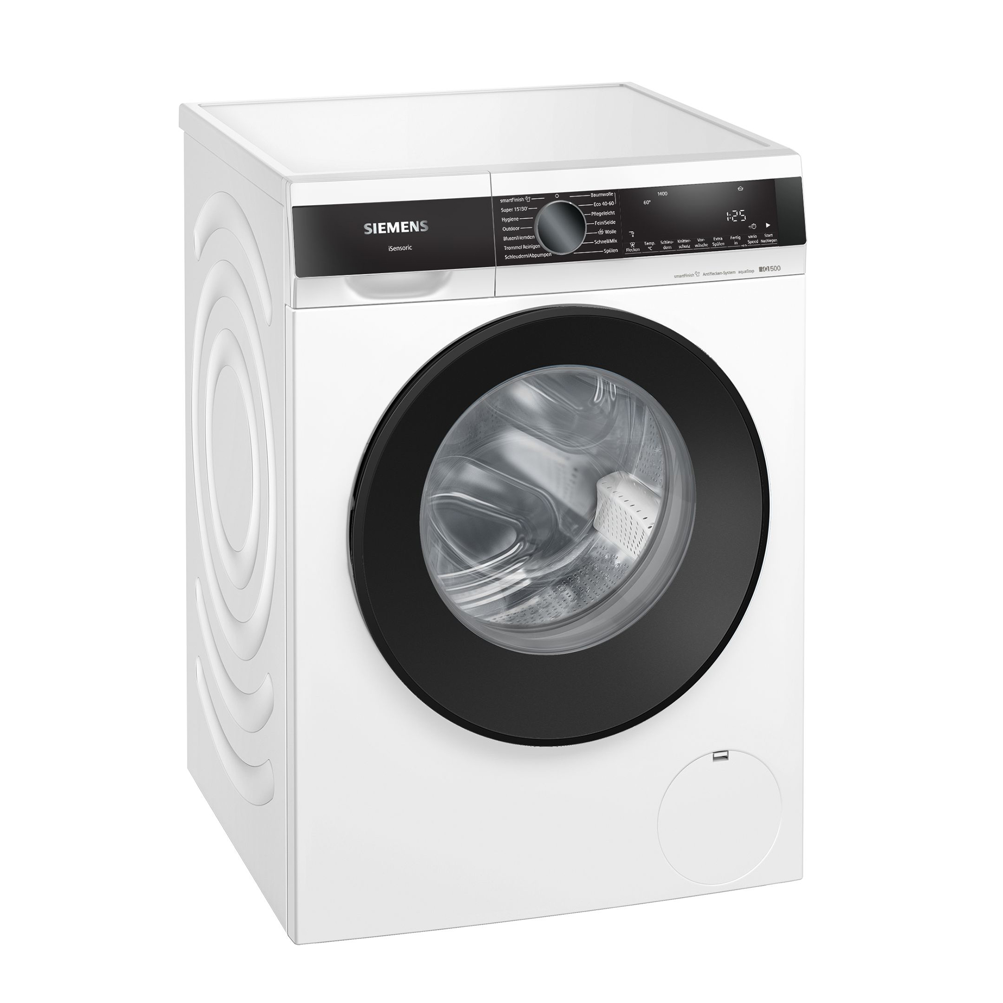 Eine weiße Siemens Waschmaschine mit schwarzer Tür und Bedienfeld. Sie steht frei.