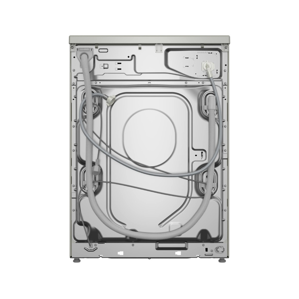 Rückseite einer Waschmaschine mit Schläuchen und Kabeln, metallisch.
