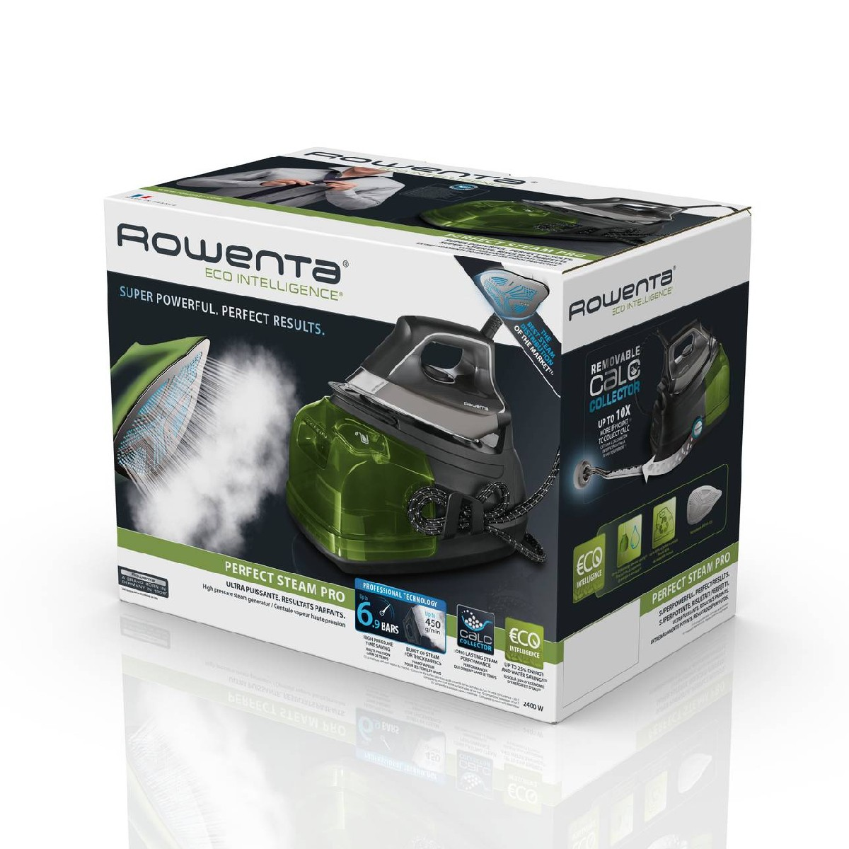 Verpackung eines Rowenta Dampfbügeleisens mit Zubehör, grüner Wassertank.