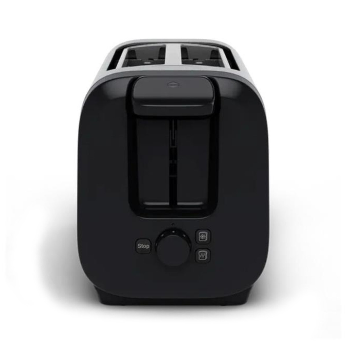 Ein schwarzer Toaster mit zwei Schlitzen und Bedienelementen.