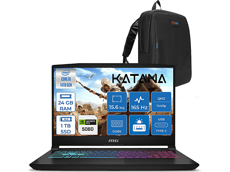 MSI Katana 15 HX RTX5060 8 GB 115 W 2k QHD B14WFK450XTRF10 Intel Core i9-14900HX 24 GB RAM 1 TB SSD 15,6 inç FreeDOS Laptop+Çanta Siyah