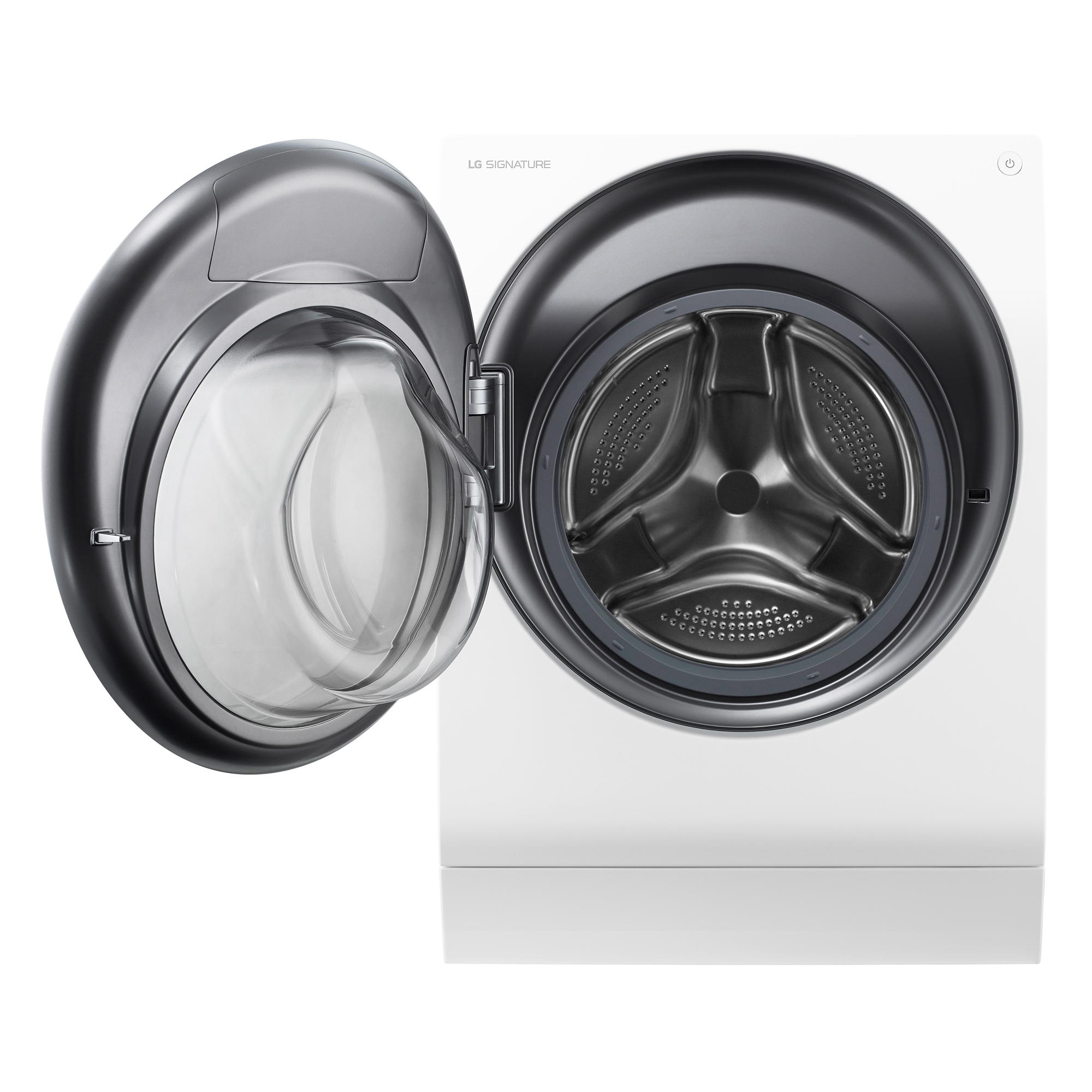 Eine weiße LG Signatur Waschmaschine mit geöffneter Glastür.