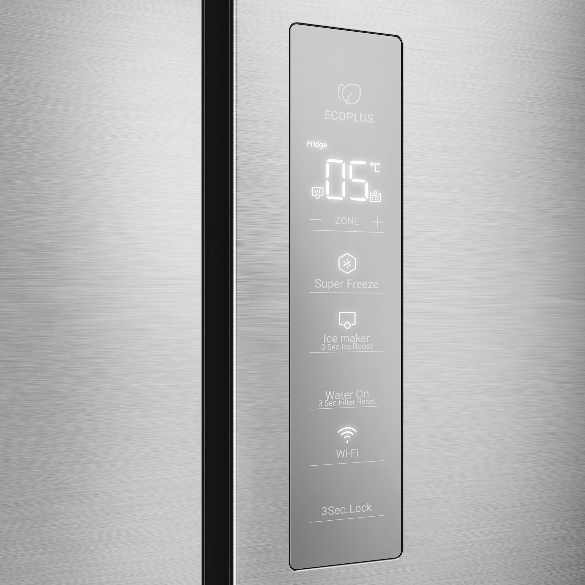 Kühlschrank-Bedienfeld mit Temperaturanzeige 05°C, Super Freeze, Eisbereiter, Wasser, WLAN.