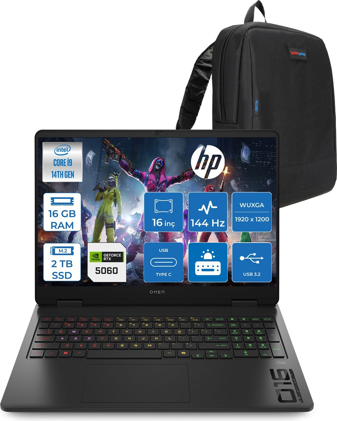 HP Omen 16-AM0033NT RTX5060 8 GB 144 Hz IPS WC39J7EAF03 Intel Core i9-14900HX 16 GB RAM 2 TB SSD 16 inç FreeDOS Laptop+Çanta Siyah