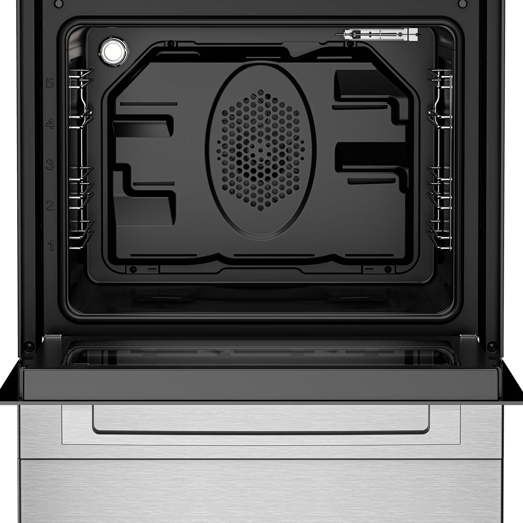 Innenansicht eines geöffneten Backofens mit Lüftergitter und Grill oben.