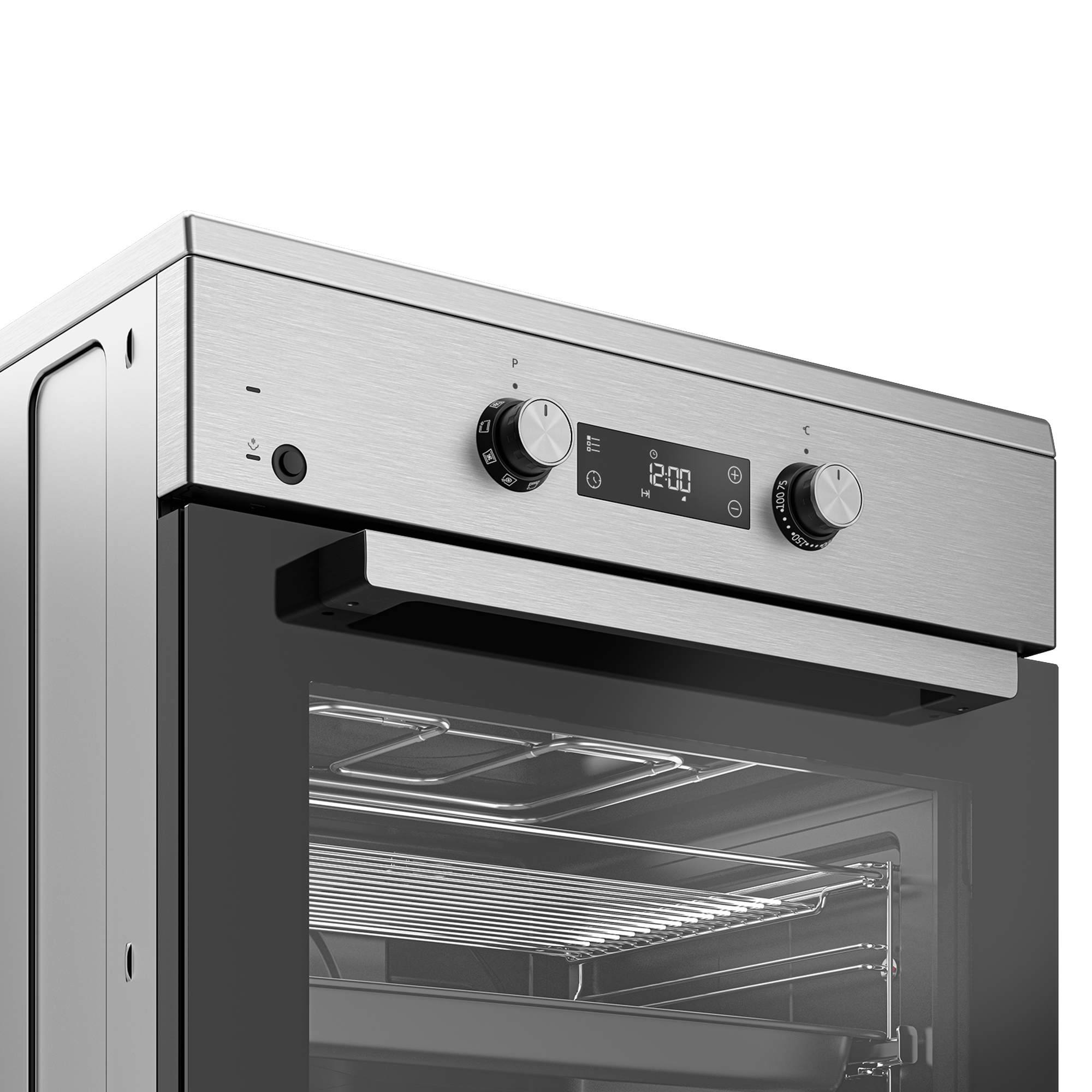 Edelstahl-Backofen mit Glasfront, digitaler Anzeige und zwei Drehreglern.