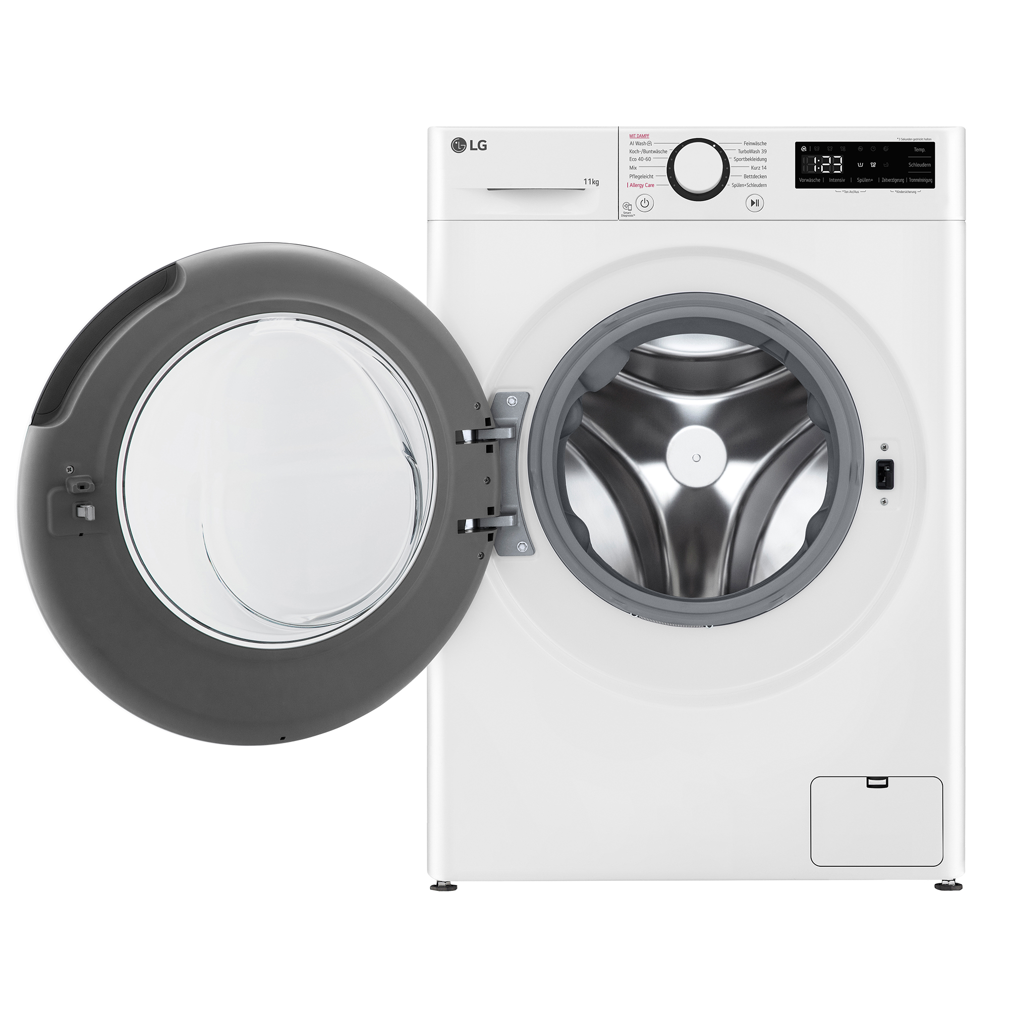 Weiße LG Waschmaschine mit geöffneter Tür und Edelstahl-Trommel.