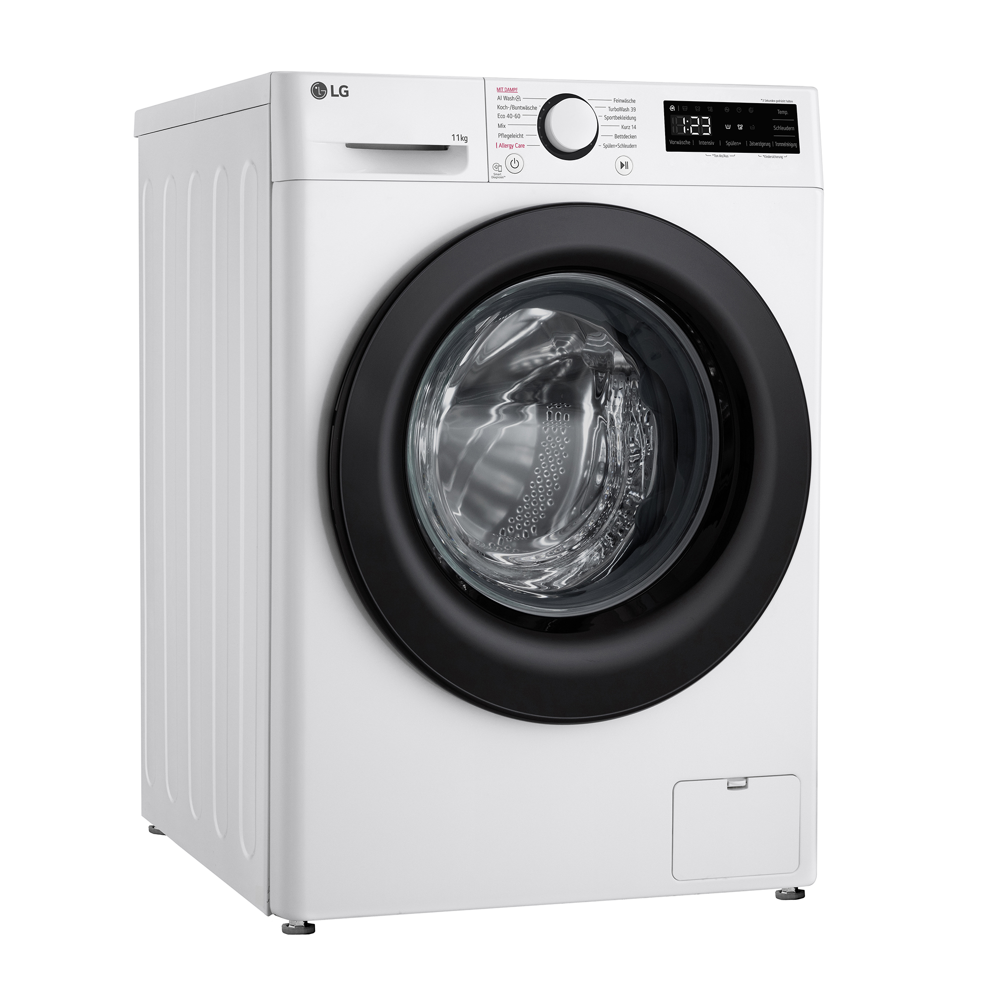 Weiße LG Waschmaschine mit schwarzem Bullauge und Bedienfeld. 11kg Kapazität.