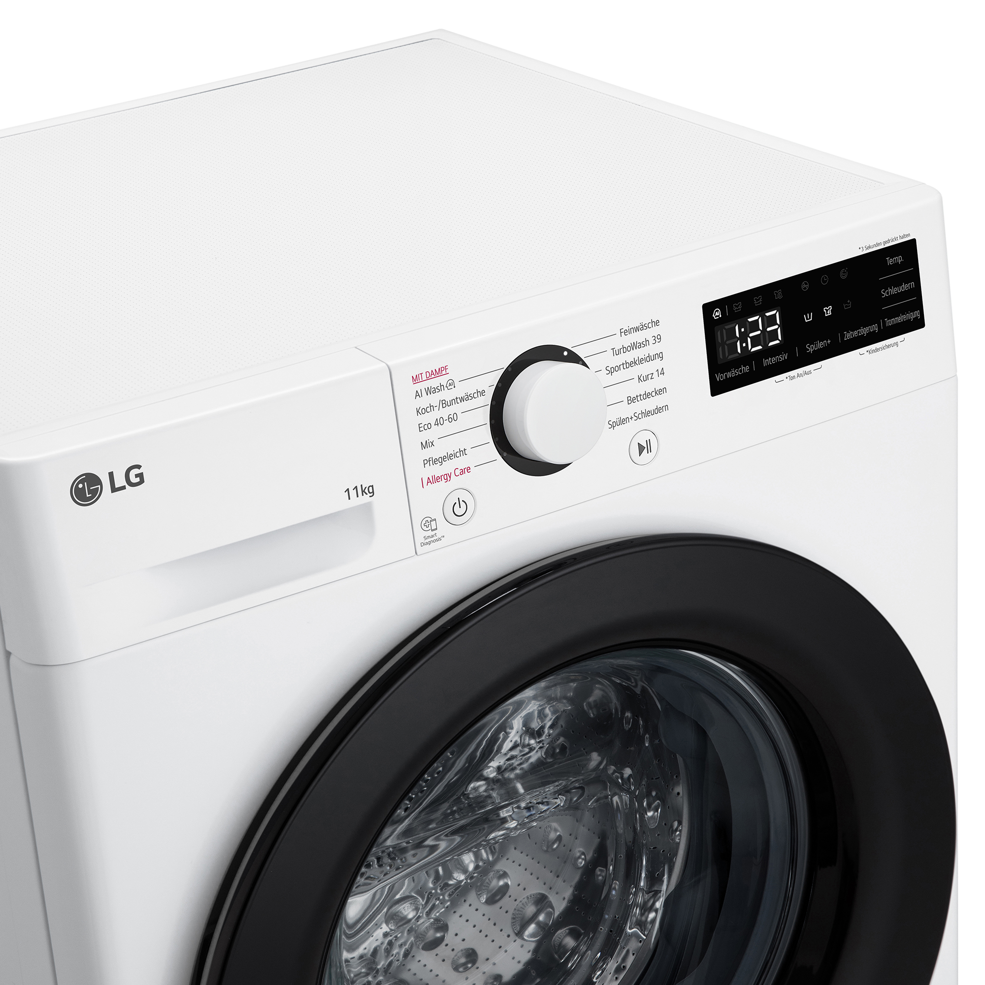 Eine weiße LG Waschmaschine mit schwarzem Bullauge und Bedienfeld. 11kg Kapazität.