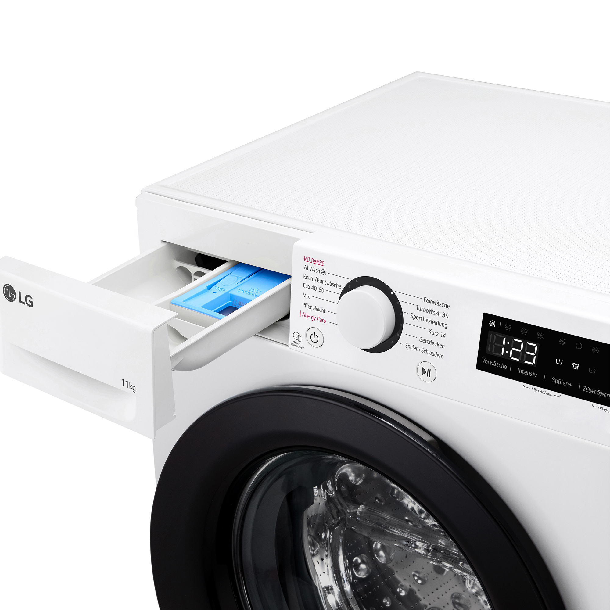 Eine weiße LG Waschmaschine mit einer herausgezogenen Schublade für Waschmittel.