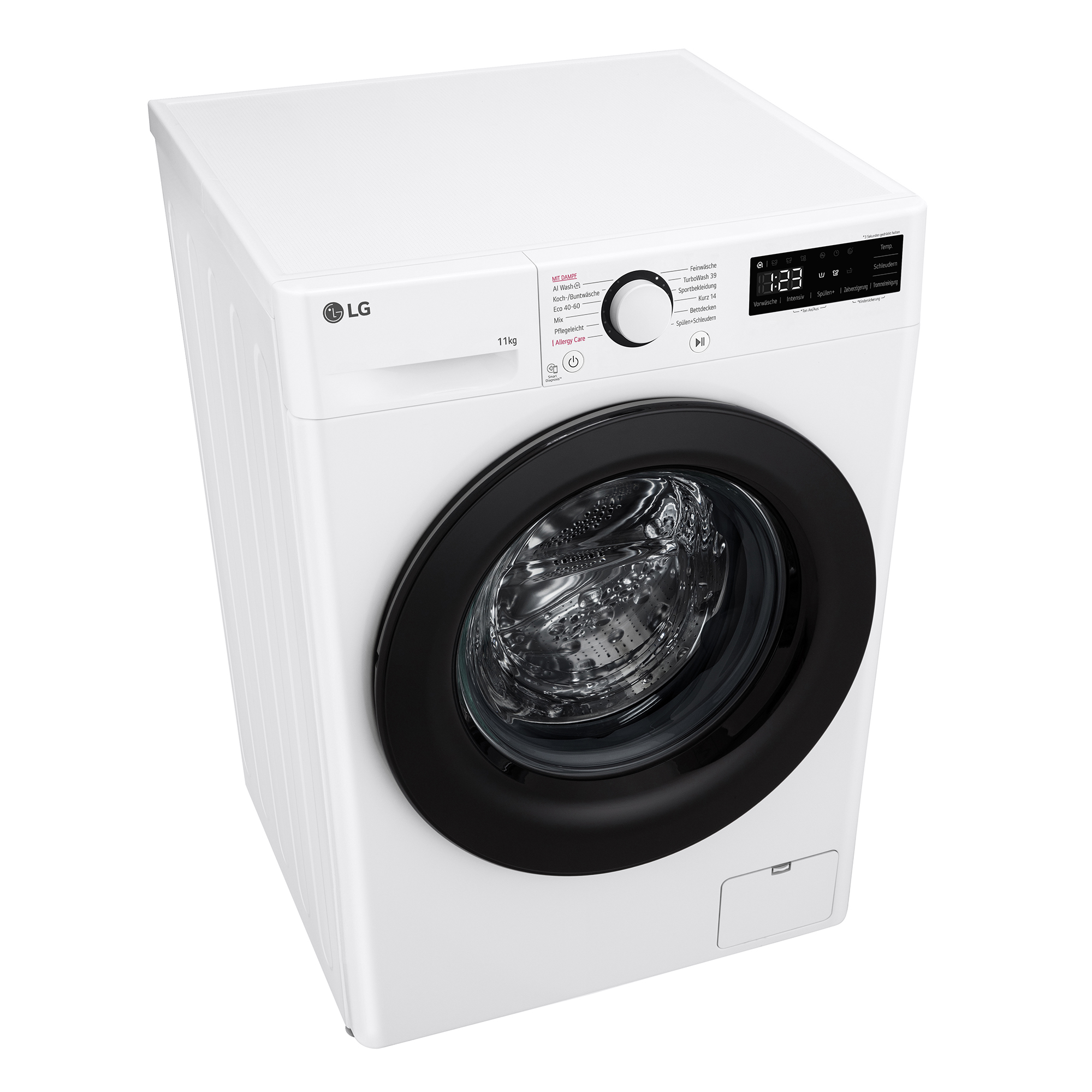 Eine weiße LG Waschmaschine mit schwarzer Tür und Bedienfeld.
