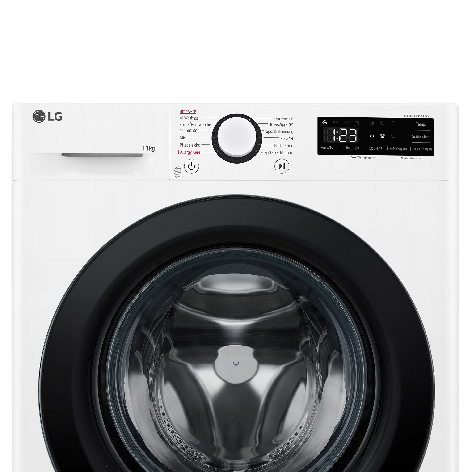 Eine weiße LG Waschmaschine mit digitalem Display und Wahlrad.