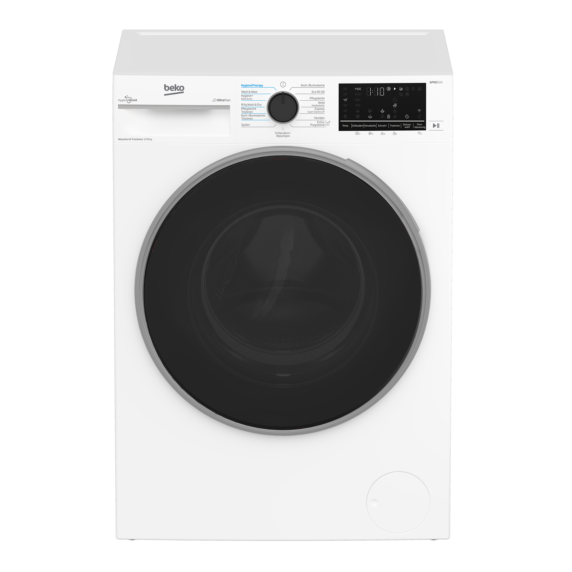Eine weiße Beko Waschmaschine mit schwarzer Tür und Bedienfeld.
