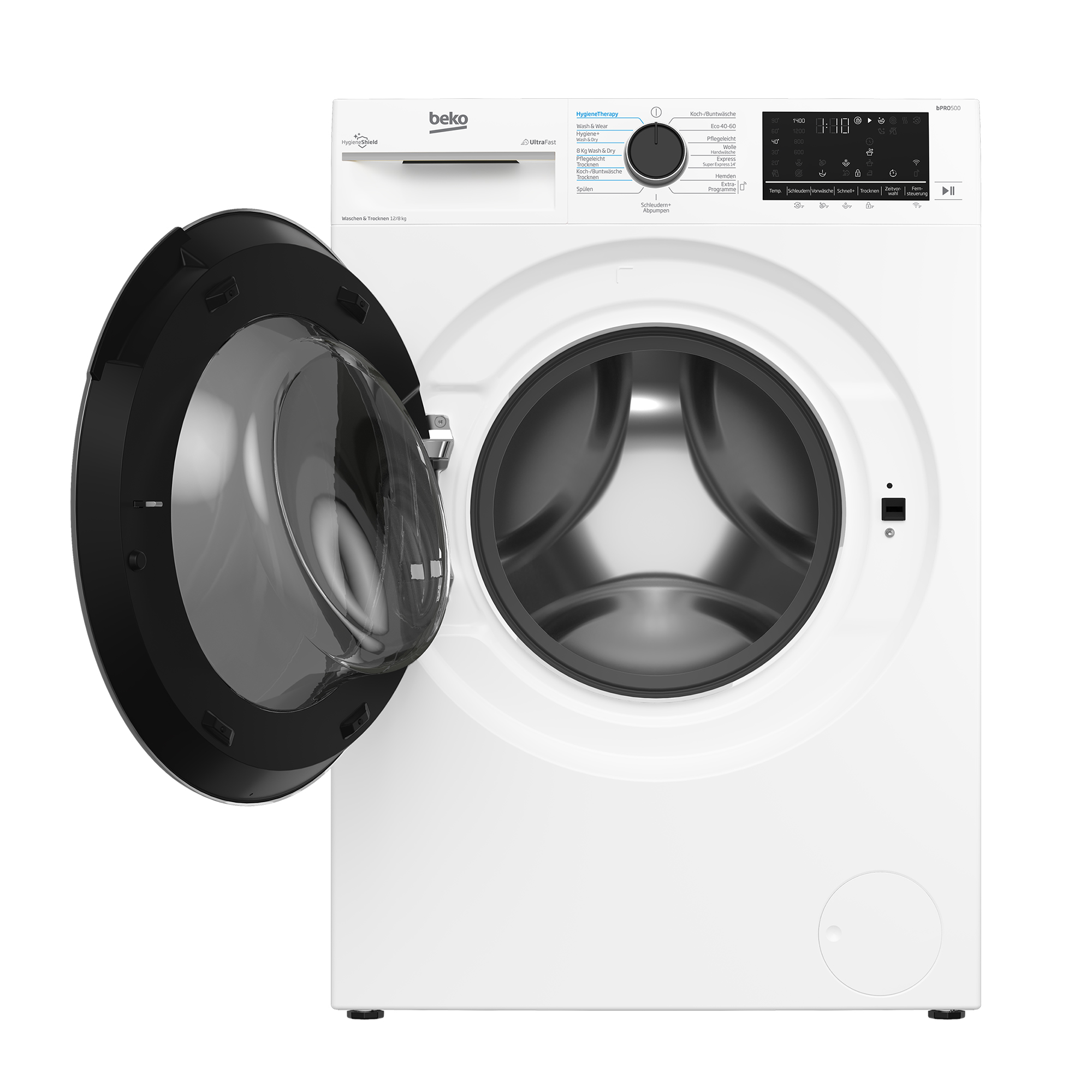 Weiße Beko Waschmaschine mit geöffneter Tür und Bedienfeld.
