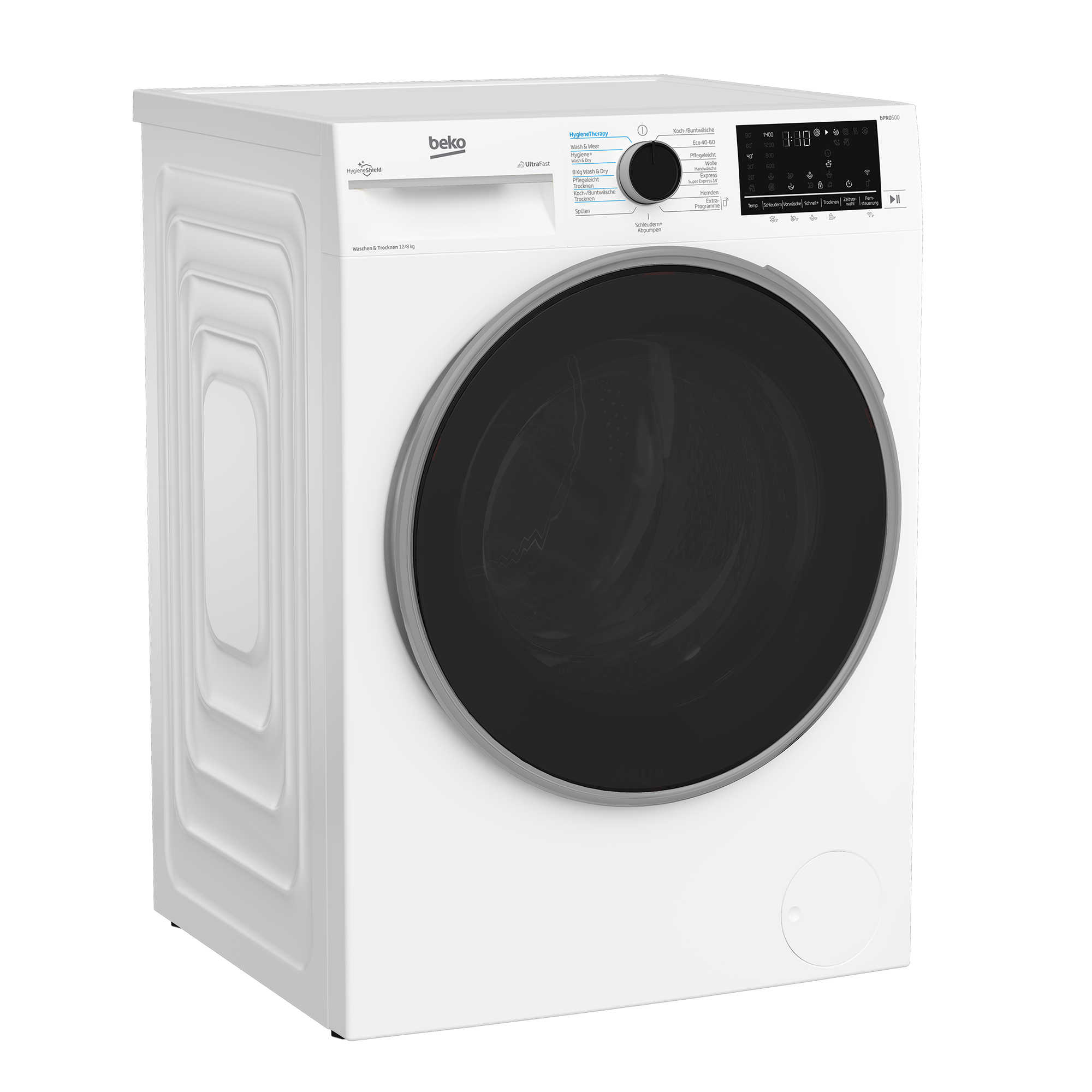 Eine weiße Beko Waschmaschine mit schwarzer Tür und Bedienfeld.